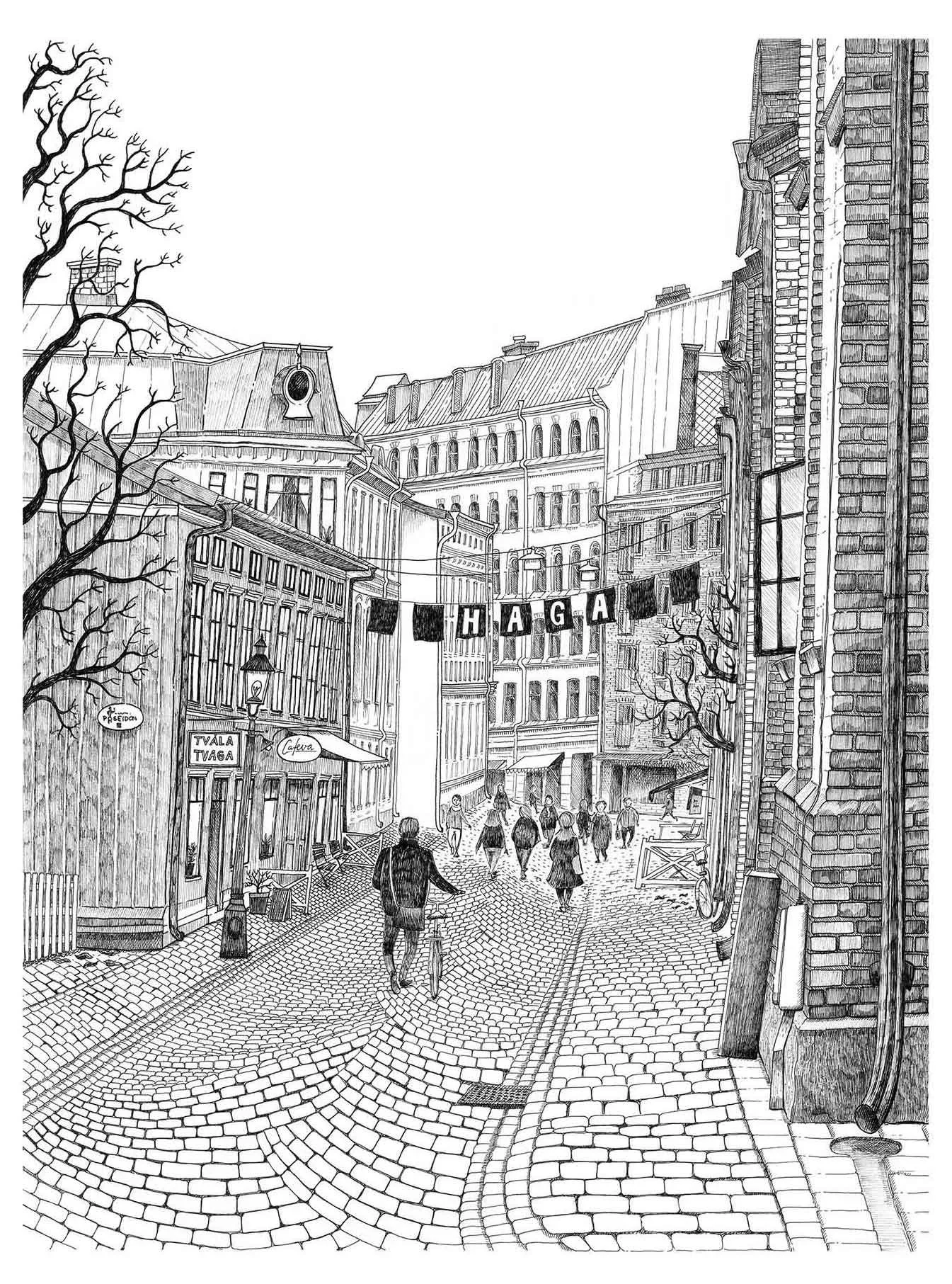 Black and white drawing of a European city street with cobblestone pavement, storefronts, and people's silhouettes, with a banner reading 'HAGA' hanging across the street.