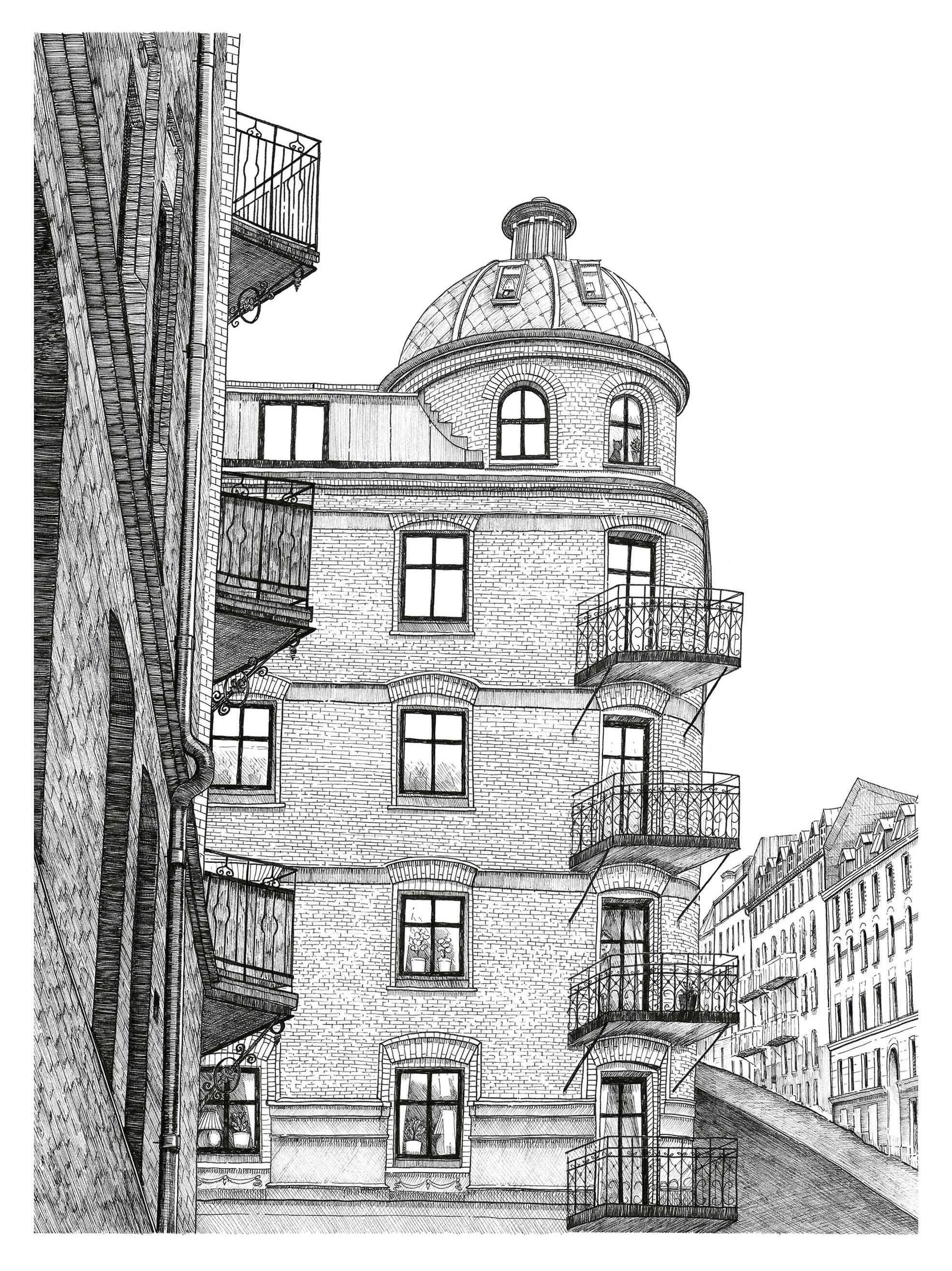City art black and white ink drawing