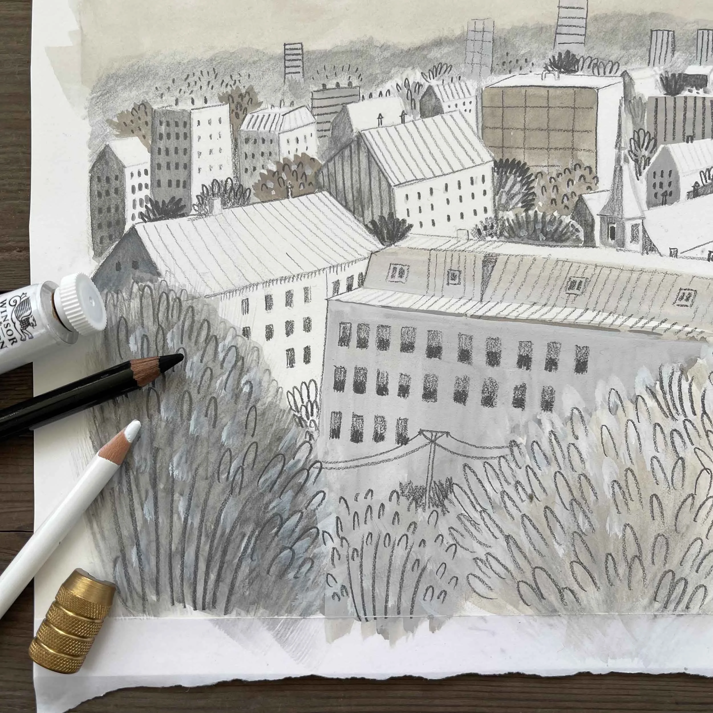 A hand-drawn cityscape with various buildings, trees, and a church steeple, created with pencil, pen, and gouache.