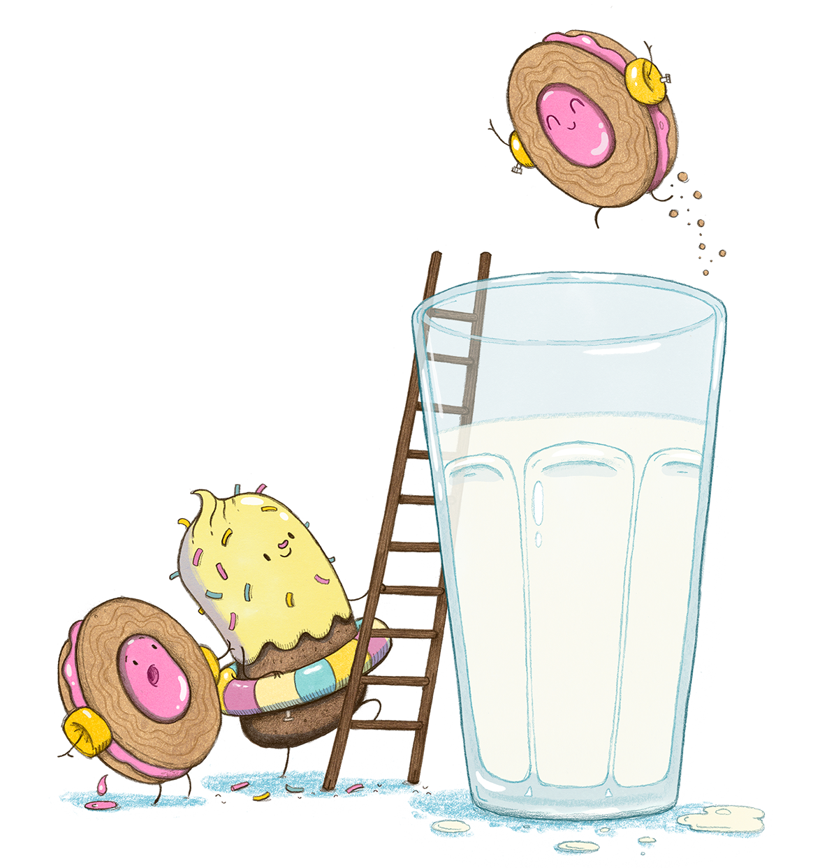 A cartoon children's kidlit illustration of two cookies and a cupcake having a bath in a tall glass of milk.