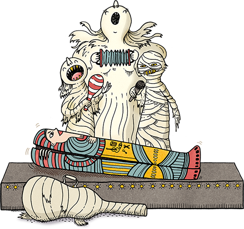 A scary cartoon children's illustration by Viktoria Astrom of a spooky musical scene with mummies singing and playing instruments around a coffin.