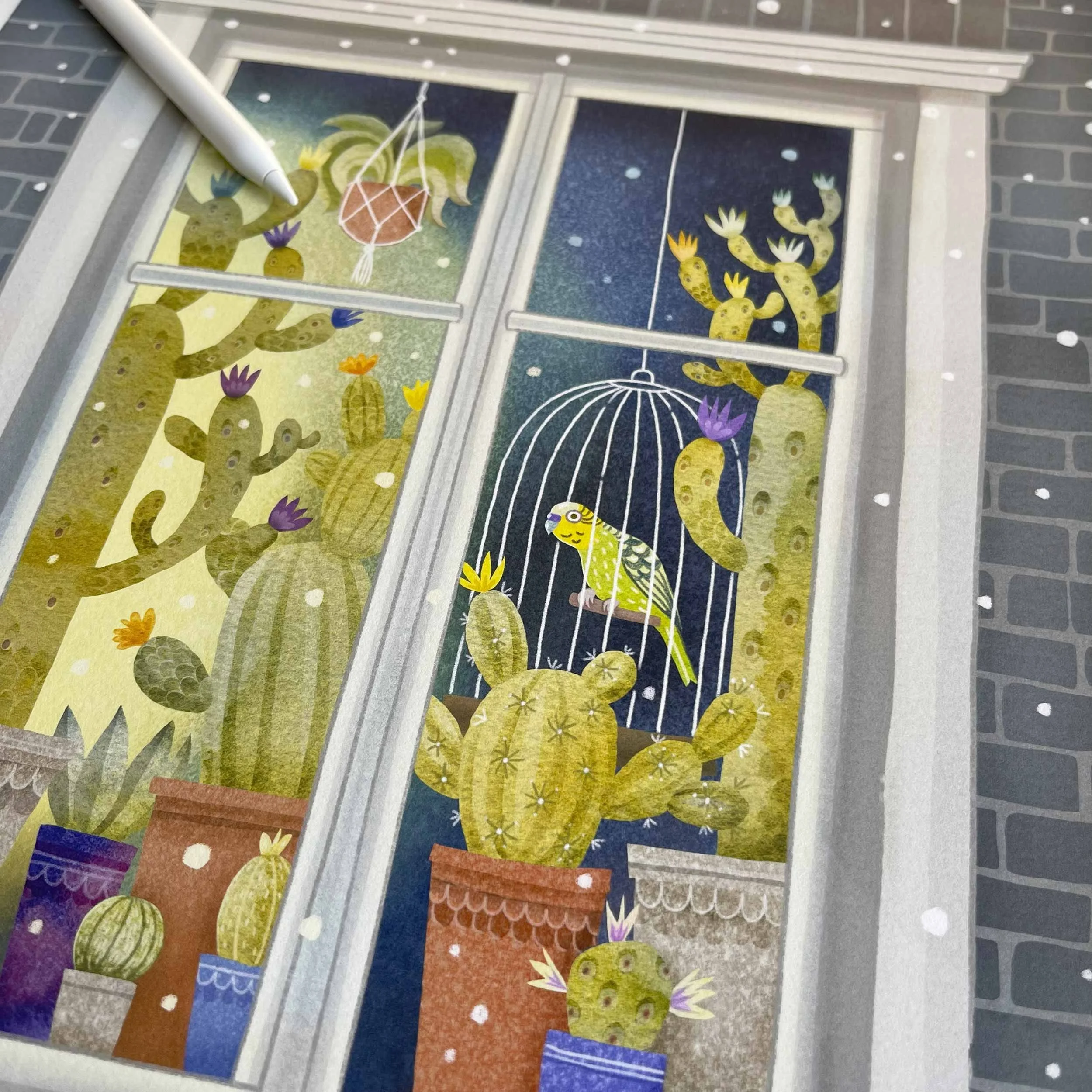 Colorful illustration of a window with various cacti, a parakeet in a cage, and a hanging plant, with snow falling outside.
