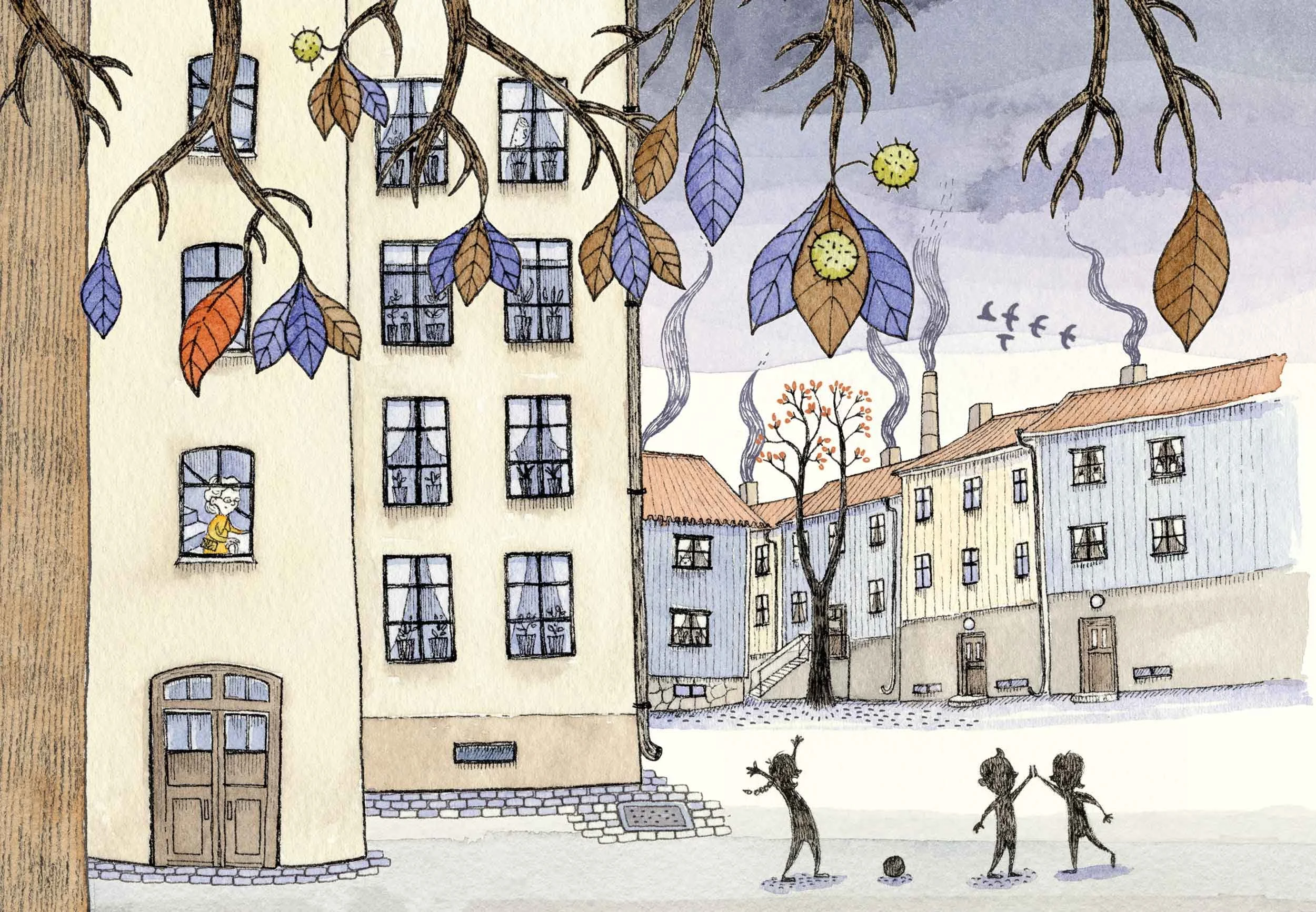 A whimsical kidlit illustration of a neighborhood with colorful buildings, leafless trees, and children playing soccer on the street. Smoke rises from factory chimneys in the background, and a woman looks out from a window of a light yellow building.