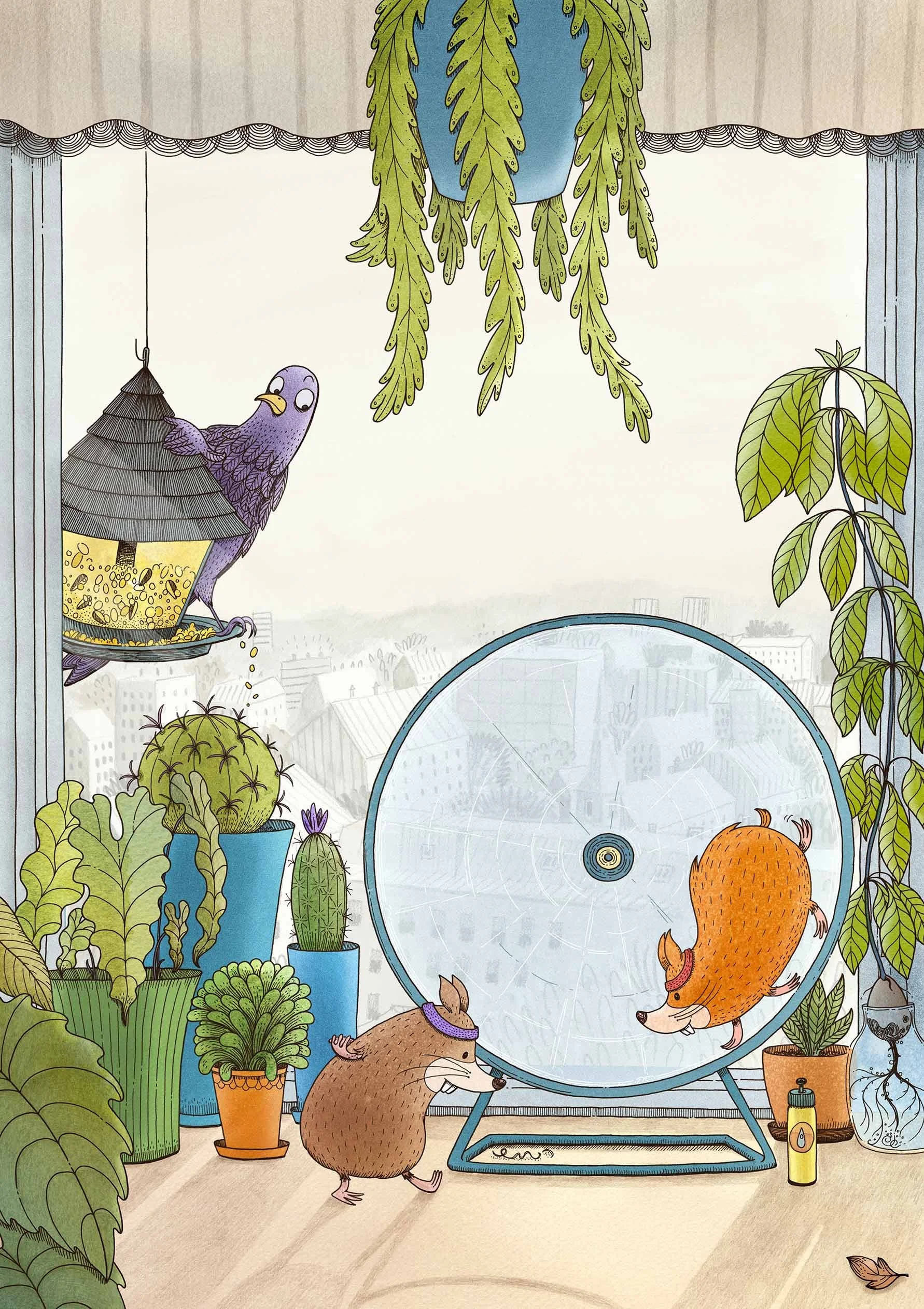 A hamster and a guinea pig are playing with a hamster wheel on a balcony decorated with several potted plants, including cacti and leafy plants. A bird is perched on a bird feeder filled with seeds, and there are more plants hanging from the ceiling.