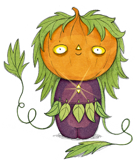 A children's book Halloween character with a pumpkin head, green leafy hair, and a purple body, surrounded by green vines.