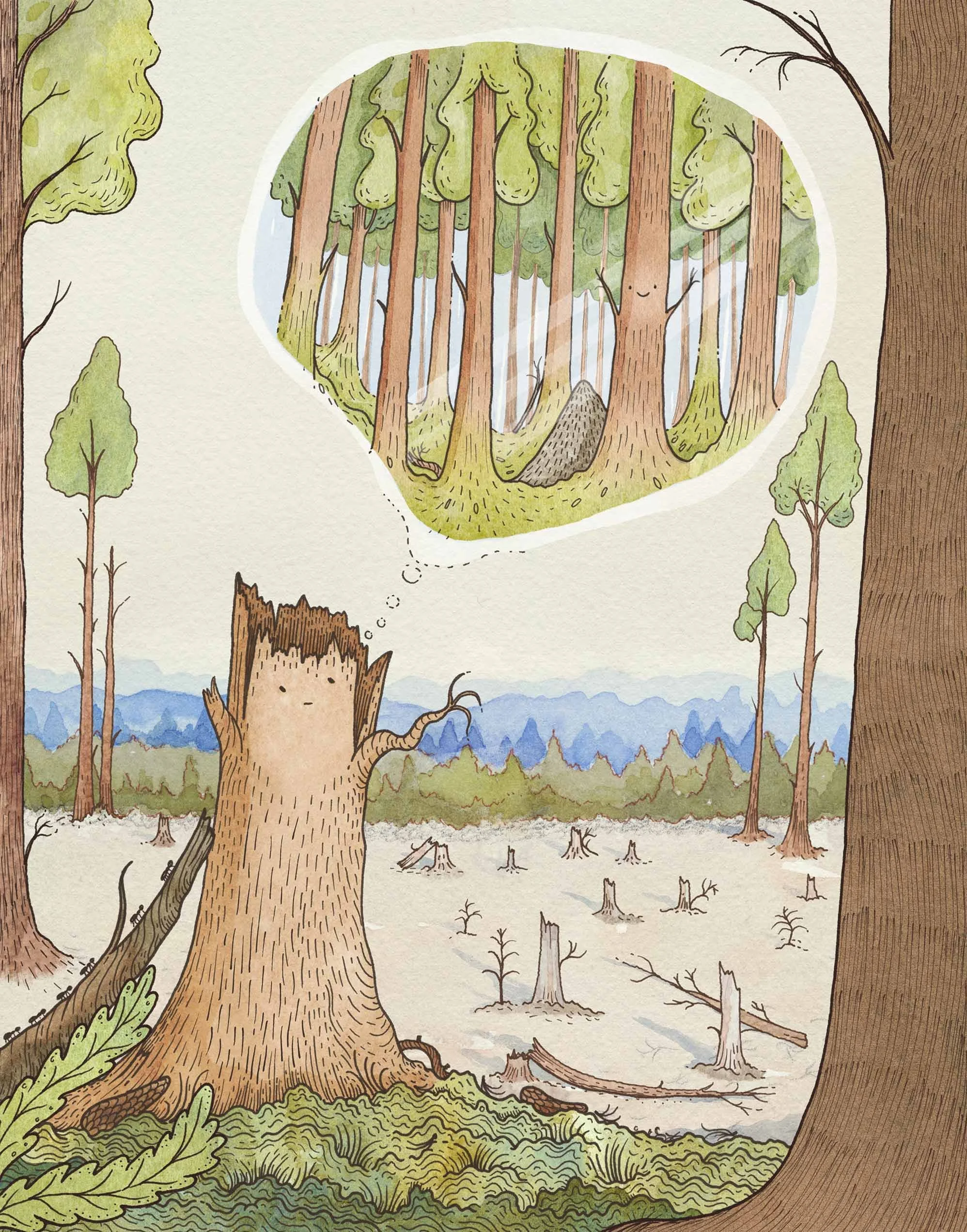 A cartoon illustration of a forest with a large, cut-down tree trunk in the foreground. The tree stump has a small sprout growing from it and a branch with a vine. In a thought bubble above the stump, there is a lively forest scene with tall trees, s