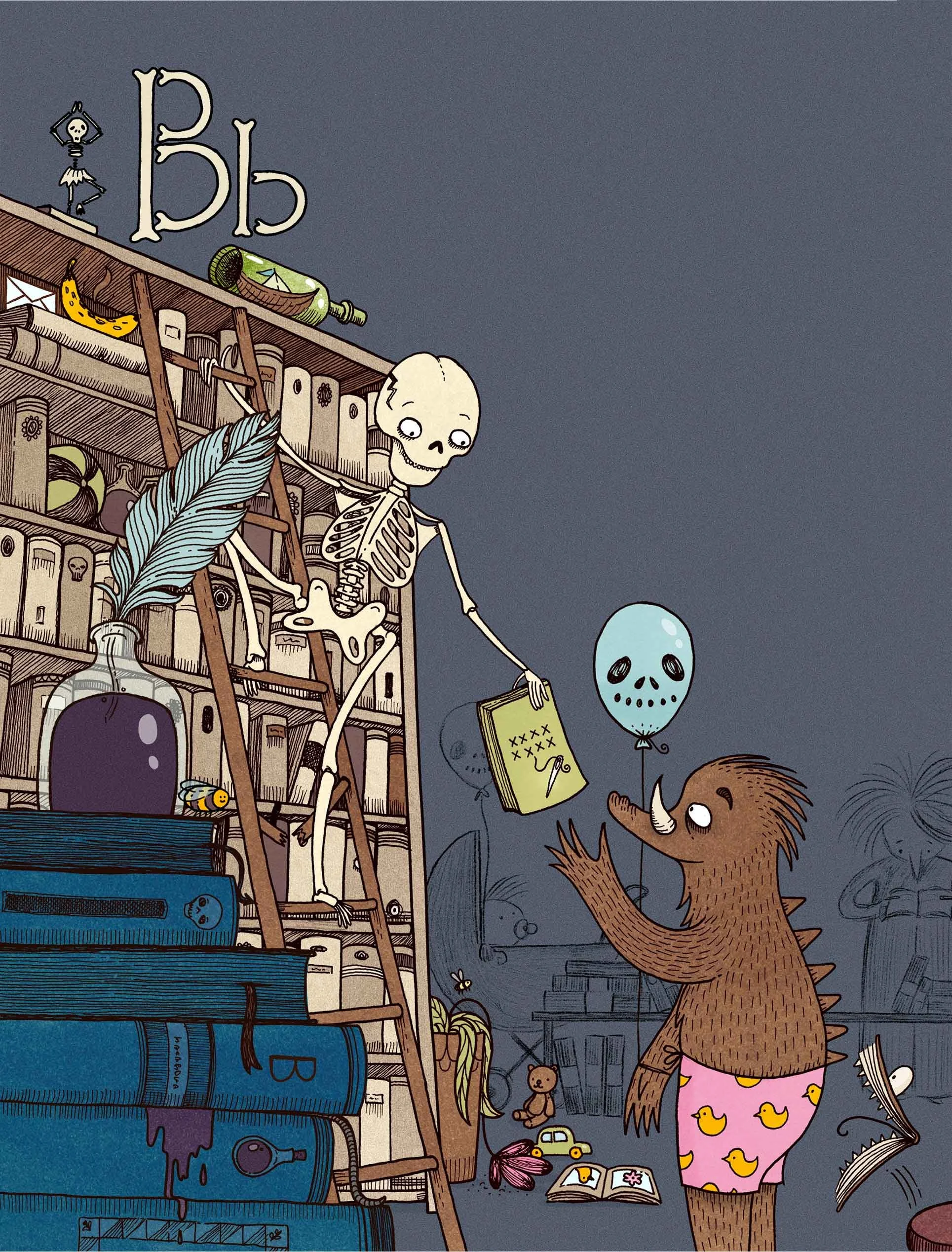 A skeleton on a ladder handing a hockey mask to a smiling bear wearing pink shorts with yellow ducks. The scene is filled with books, a skull, a bee, a toy car, and a teddy bear in a cluttered room.