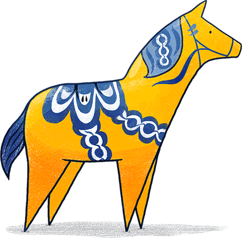 Children's book illustration of a Dala horse with yellow and blue details.