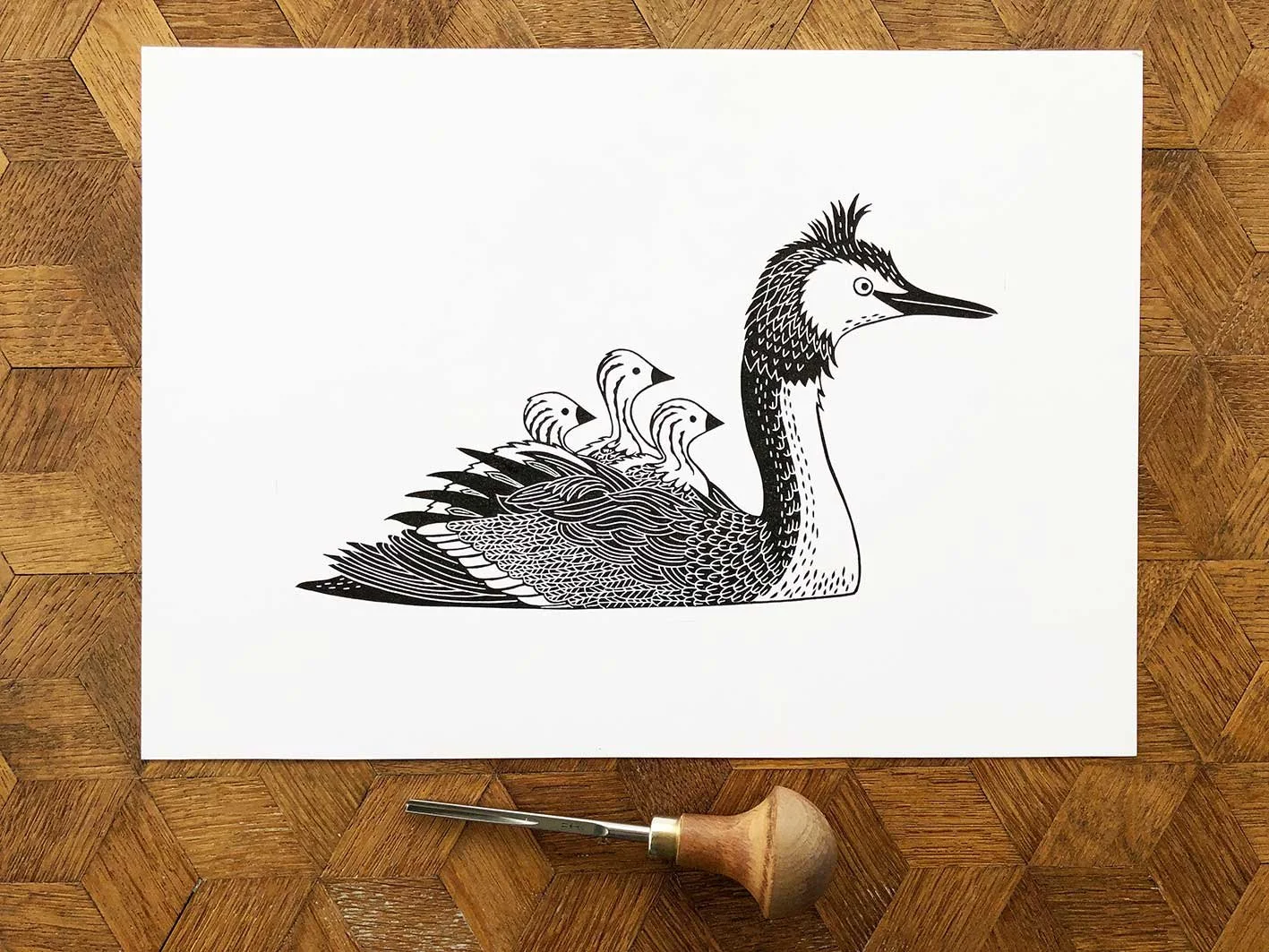 A black and white handprinted picture of a great crested grebe. Skäggdopping. Handmade and printed by hand. Printed with a rubber carving.