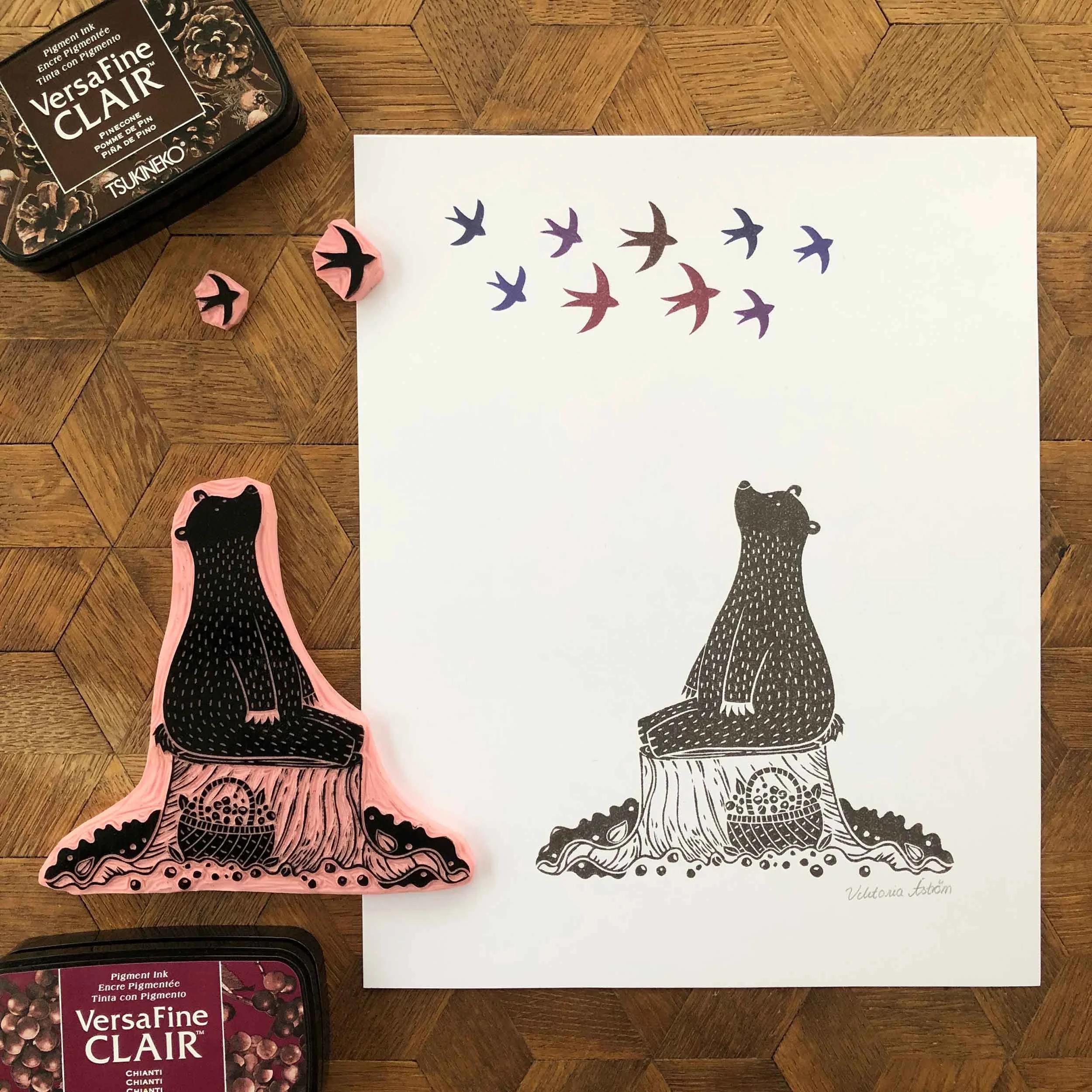 rubber-stamp-carving-compsition-bear-swallow-birds.jpg