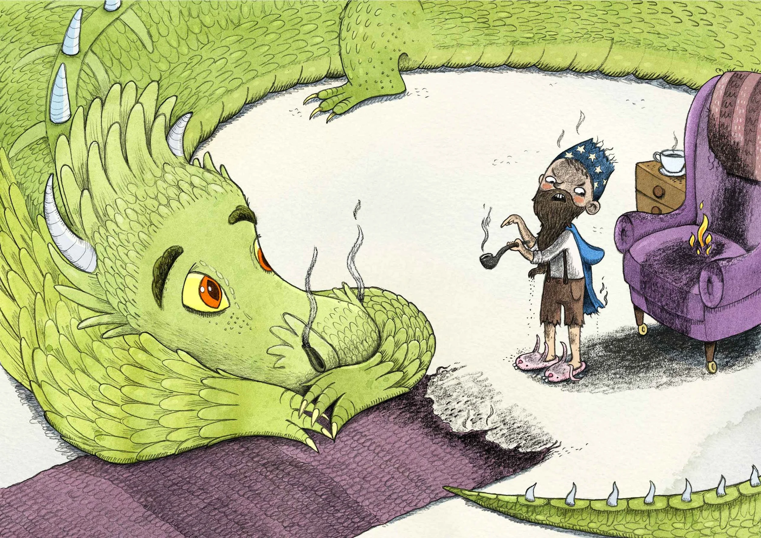 Kidlit-illustration of a green dragon and a wizard holding a pipe. There is smoke coming out of the dragons nostrils