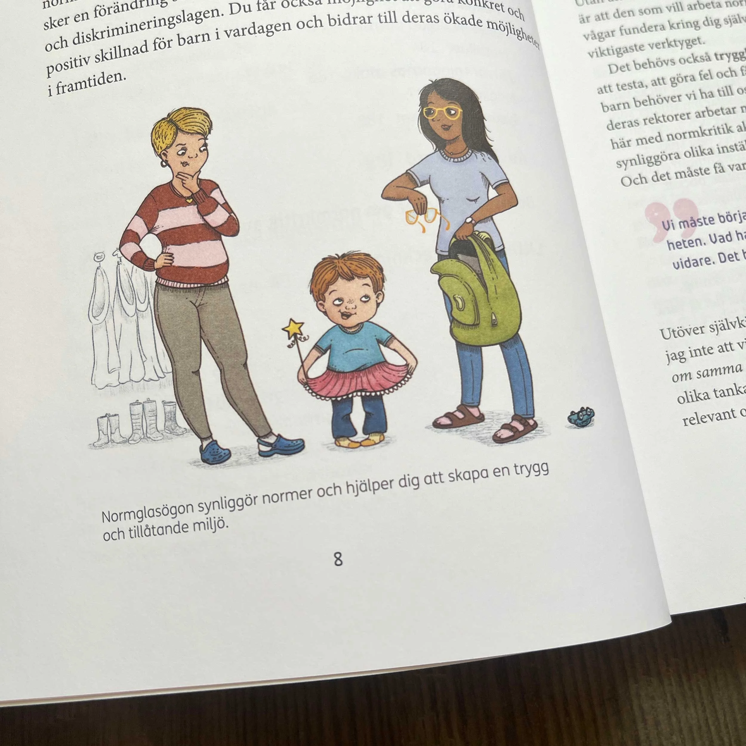 An illustration of three people with different skin tones standing together. The person on the left has short blond hair, wears a red and pink striped sweater, beige pants, and blue shoes, and looks thoughtful. The person in the middle is a young gir