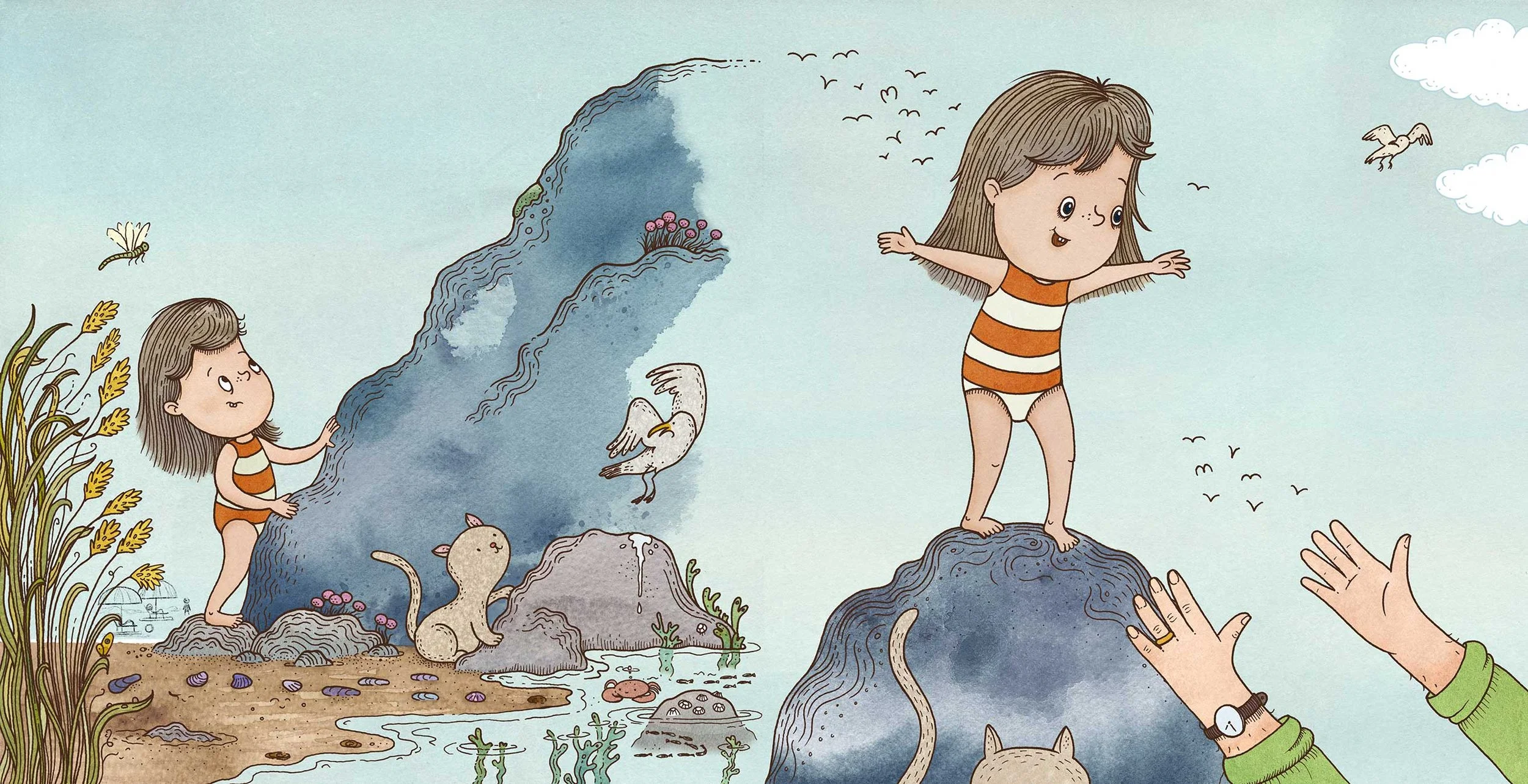 Children standing on rocks near a pond, with animals and birds around, while an adult is helping a girl balance on a rock.