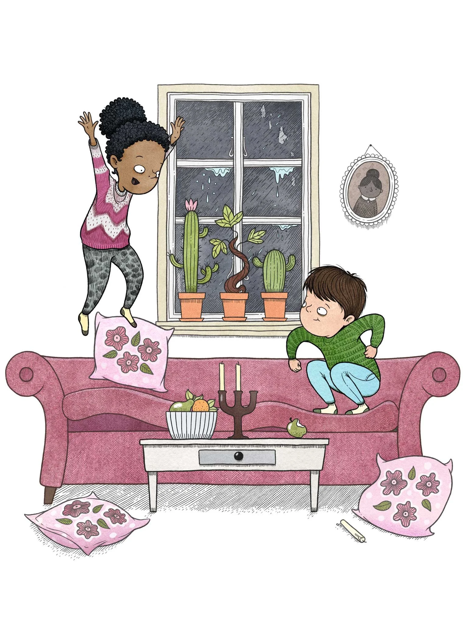 Two children jumping in a sofa. Children's Book Illustration