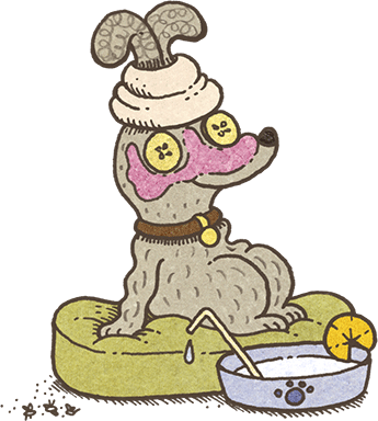 A whimsical illustration of a dog enjoying spa treatment next to a bowl of milk and a lemon slice.