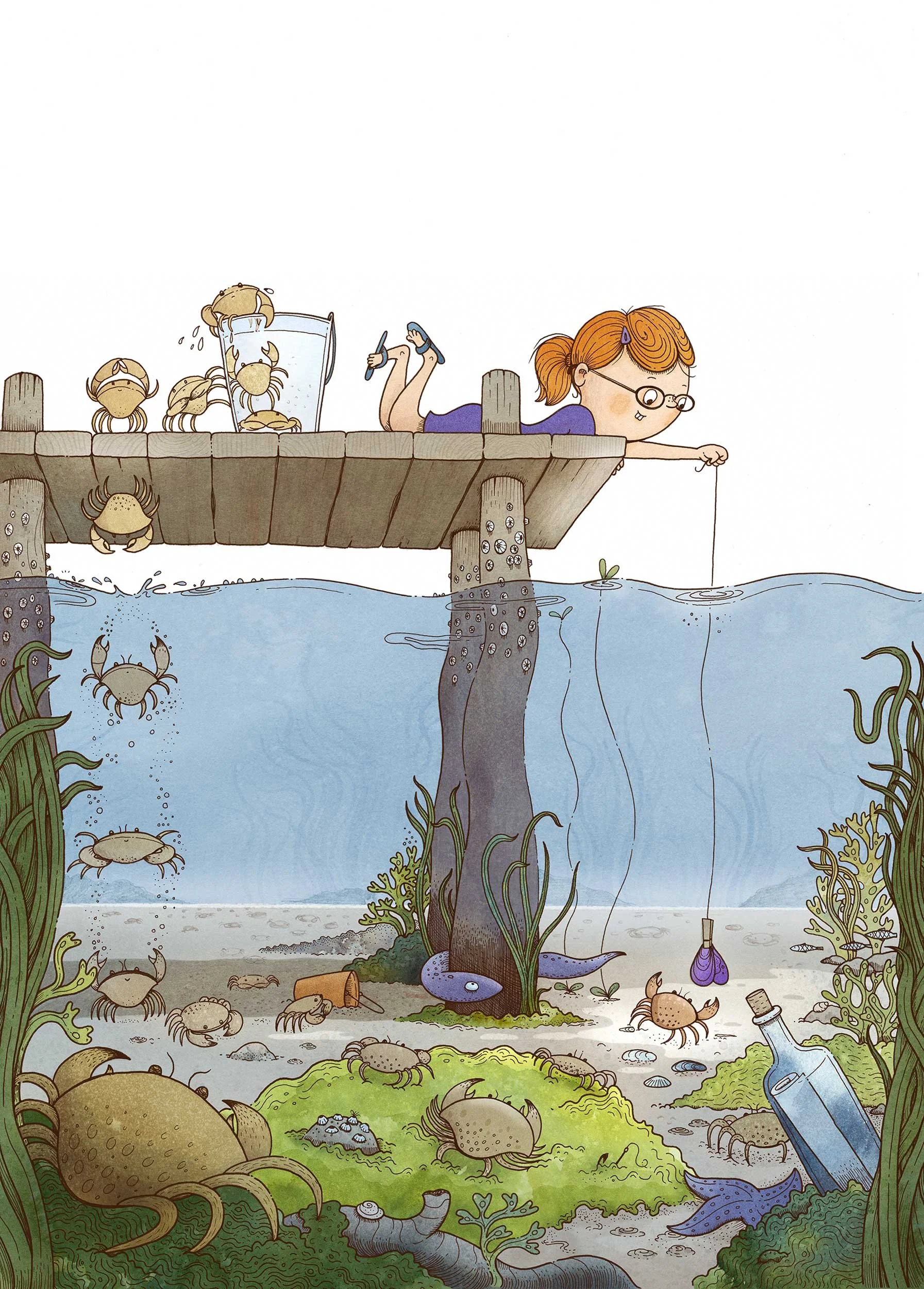 A girl with glasses and red hair, lying on a pier, fishing with a string. Four crabs and a small crab are on the pier; some are in the water, catching bait, and some are on the ocean floor. There is a large eel near the pier post, and a bottle with a