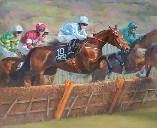An equine art print of the racehorse Honeysuckle and jockey Rachael Blackmore winning the Champion Hurdle at Cheltenham. From a range of fine art prints of racing scenes by Jacqueline Stanhope.