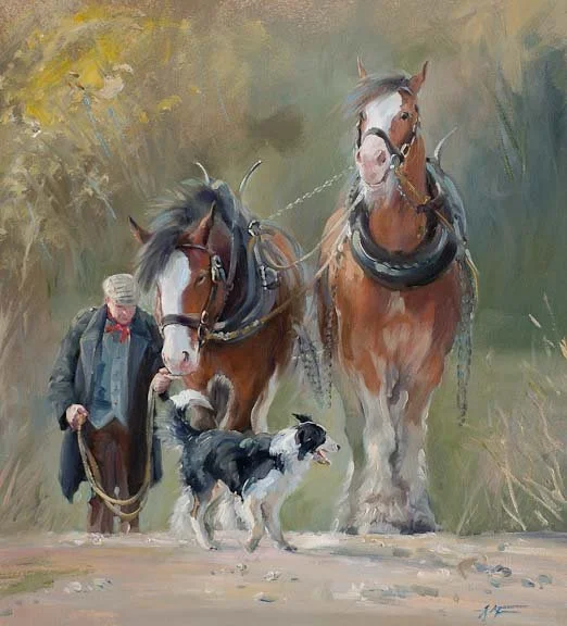 Scenes of working horses, Clydesdale horses ploughing, farriers and blacksmiths. Country shows, dogs and farming. Fine art canvas prints and paintings by Jacqueline Stanhope.