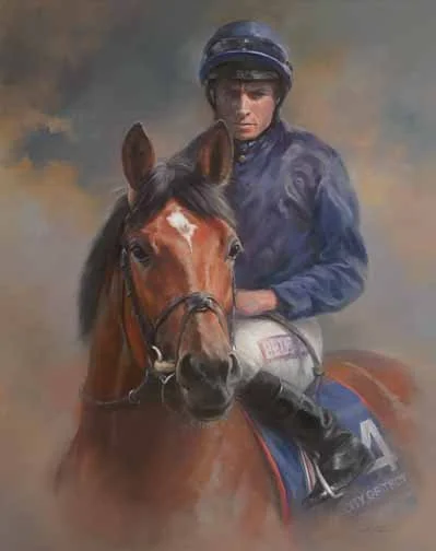 An equine art print of champion racehorse City of Troy and jockey Ryan Moore. Winner of the Epsom Derby and the Dewhurst Stakes at Newmarket. From an original oil painting by Jacqueline Stanhope.