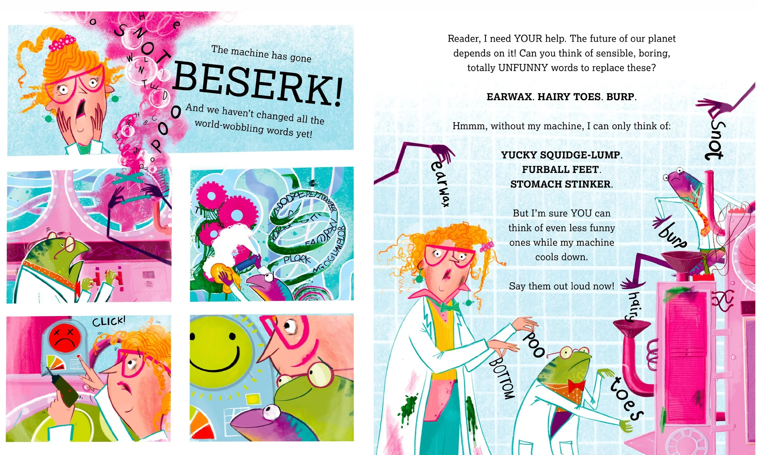 A colorful comic style illustration showing a female scientist with curly orange hair, pink glasses, and a white lab coat, surrounded by frogs in a laboratory. The frogs are depicted with various funny expressions and traits like hairy toes, a big mouth, and a bow tie. The scene is filled with humorous text and labels describing the frogs' characteristics, with some words like "BESERK!" and humorous instructions.