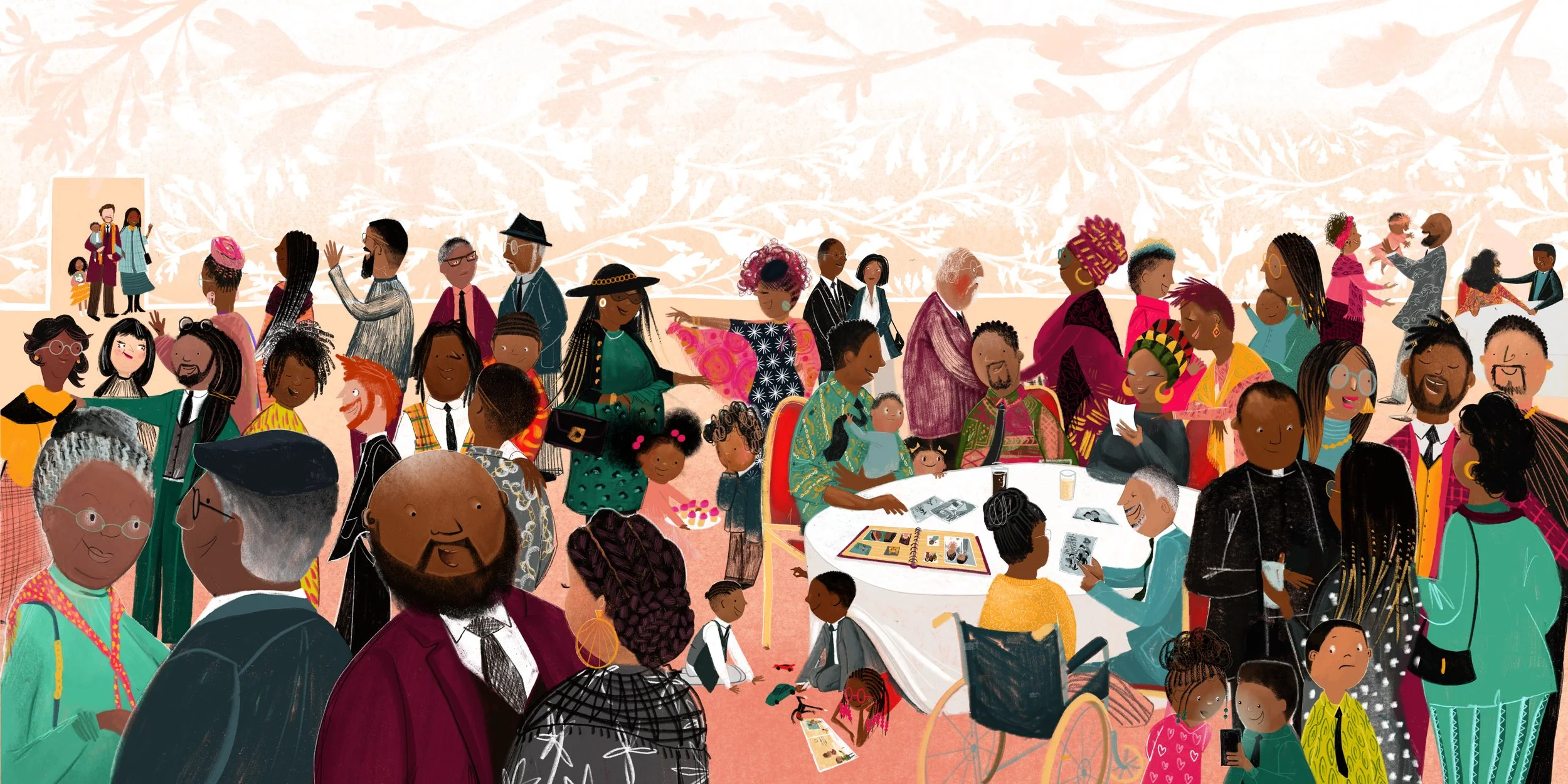 A vibrant gathering of diverse people, including children and adults, at a celebration or event, with some people dancing, talking, and engaging around tables, in a colorful and lively setting.