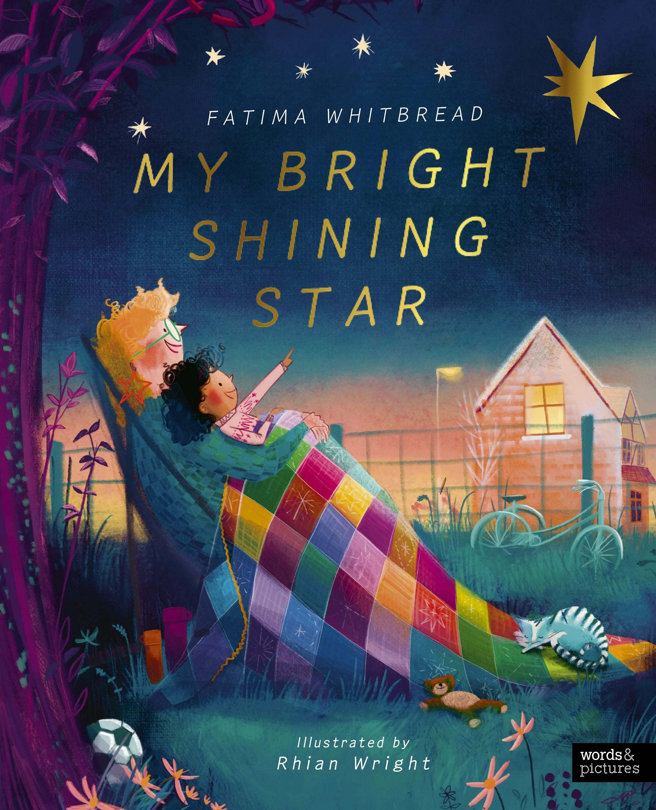 A colorful illustration of two children lying on a blanket and pointing at the stars in the sky during dusk. The scene is outdoors, with a house, a bicycle, a soccer ball, and some toys nearby. The title reads "My Bright Shining Star" by Fatima Whitbread, illustrated by Rhian Wright.