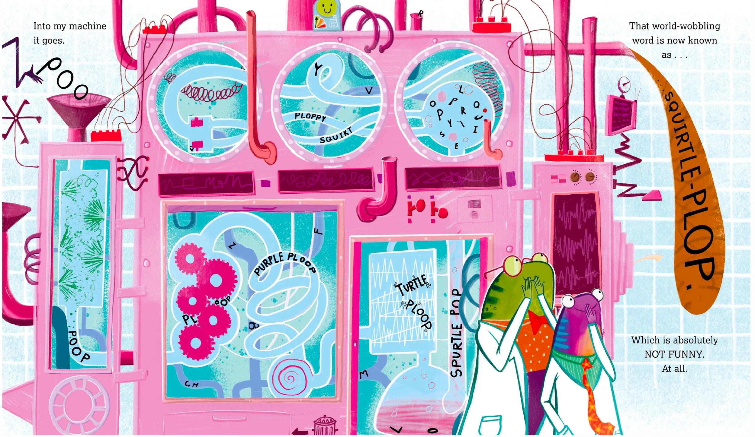 An illustration of a whimsical, colorful laboratory with various interconnected tubes, screens, and machines. Two cartoon frogs dressed as scientists, one green and one purple, stand in front of the equipment, observing a swirling process. The scene is labeled with words like 'squirt,' 'plop,' and 'squirt-le-plop,' depicting a humorous and chaotic experiment. A large orange banner reads 'SQUIRTLE-PLOP!' and text on the right states, 'Which is absolutely NOT FUNNY. At all.' The background includes a grid pattern, adding to the playful, scientific atmosphere.