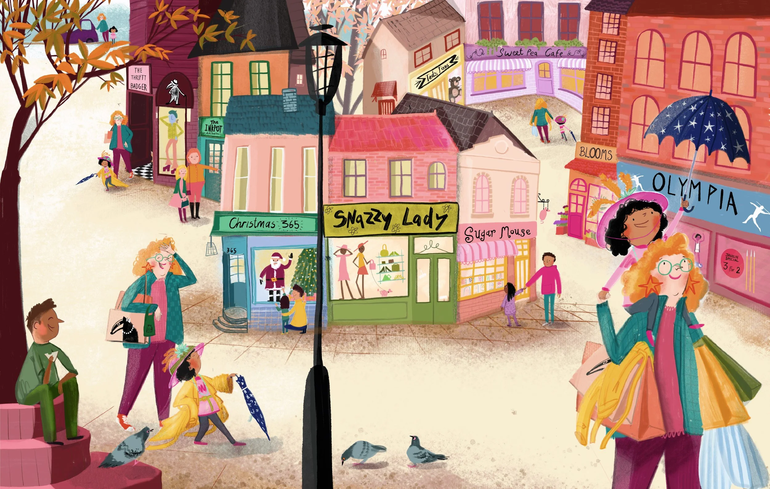 A colorful outdoor shopping scene with a variety of stores, people shopping and walking, birds on the ground, and trees. Stores include Christmas 365, Snazzy Lady, Sweet Pea Cafe, Blooms, and Olympia, with shoppers carrying shopping bags.