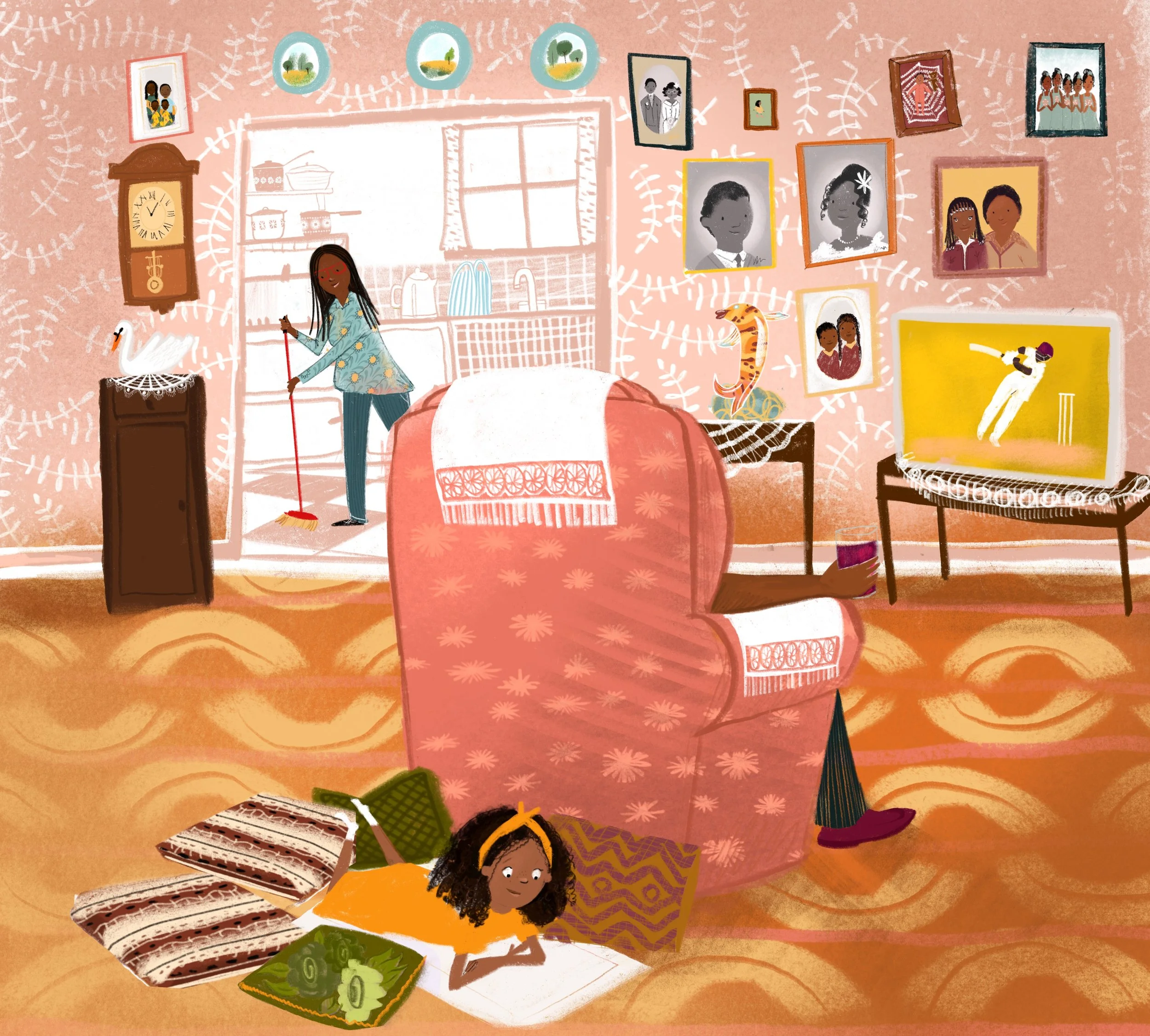 A cozy living room with peach-colored walls decorated with many framed photos and artworks. A person with dark skin and curly hair is lying on the carpet, reading a book, surrounded by patterned pillows. A large pink armchair with a white towel draped over its back is in the foreground. A television on a stand shows a cricket player. An orange and green patterned lamp sits on a side table. In the background, a woman with dark skin and long hair is sweeping the kitchen area visible through an open doorway. The room has a cheerful, family-oriented atmosphere.