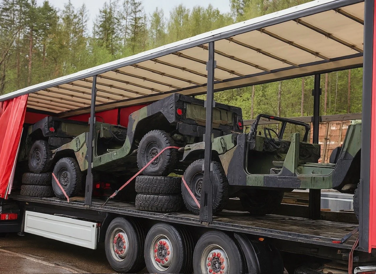 Military vehicles on a flatbed truck in a wooded area.