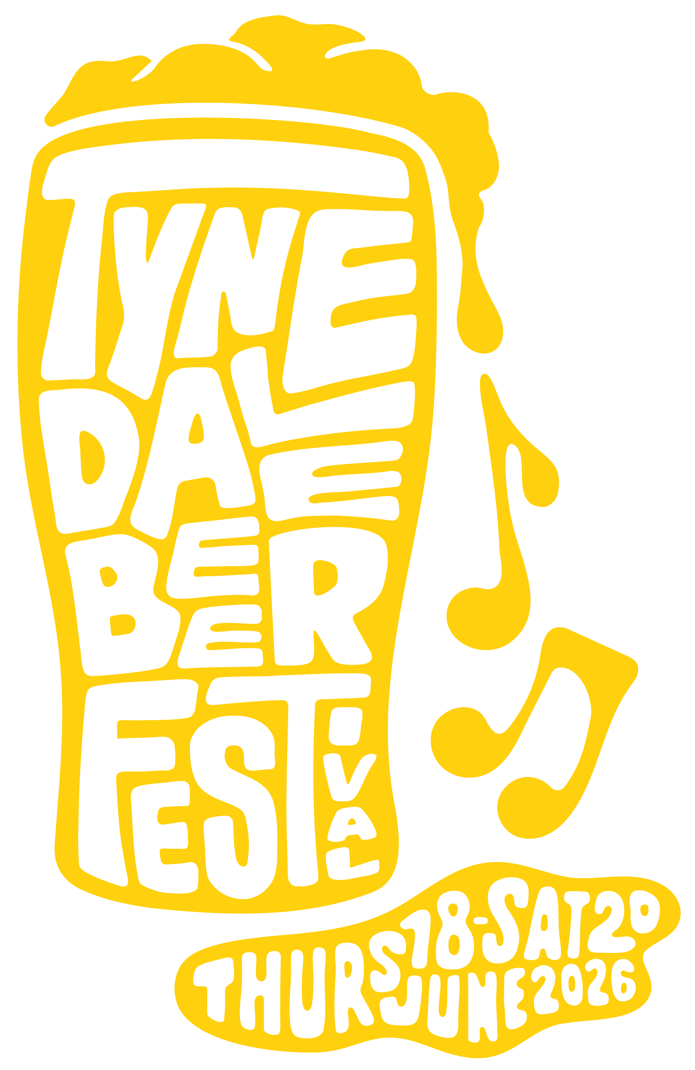 Illustration for the New Orleans Jazz & Heritage Festival featuring a beer mug with musical notes and festival dates from July 18 to June 2026.