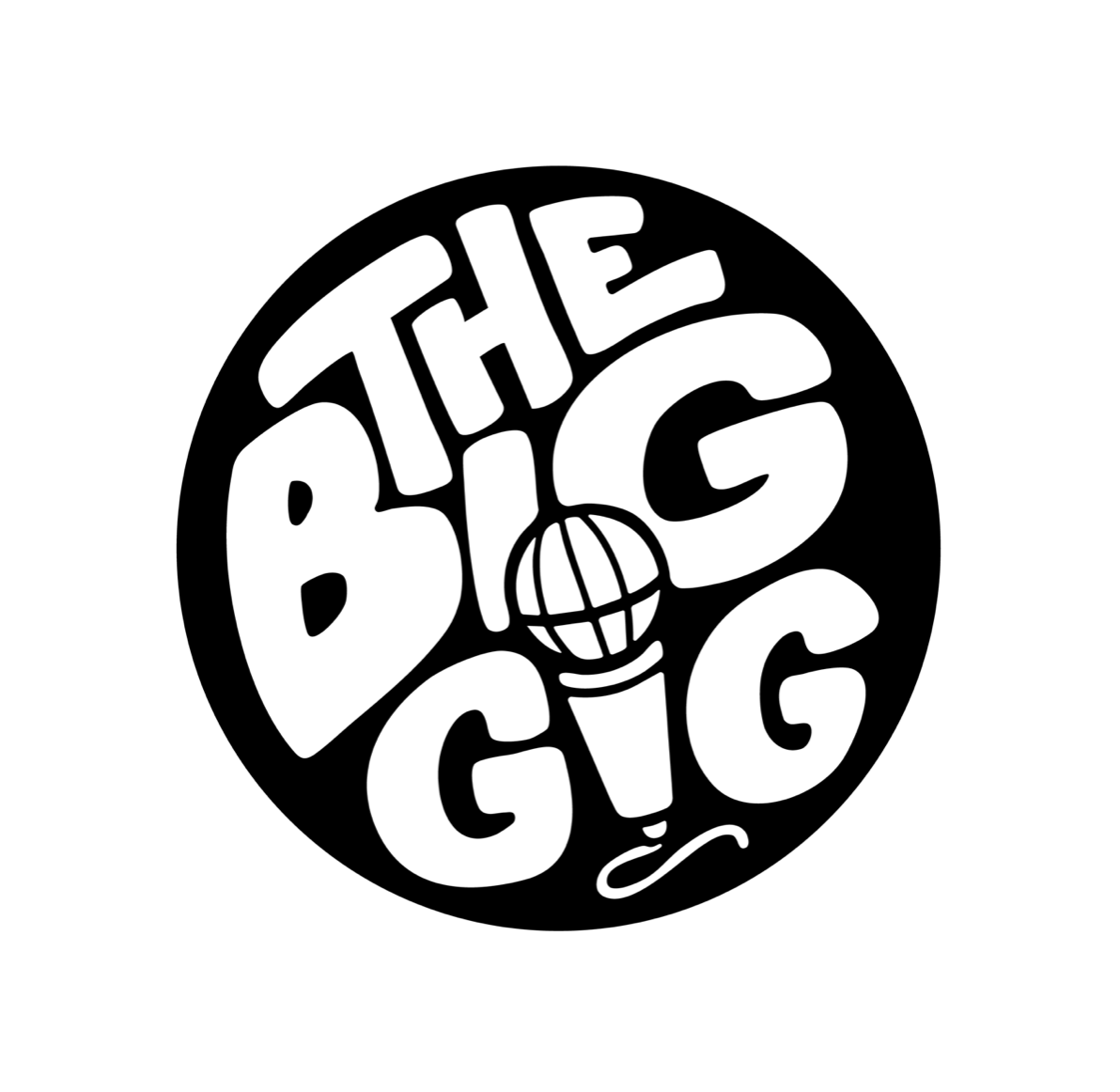 Black and white circular logo with the words "The Big Gig" and a small microphone illustration.