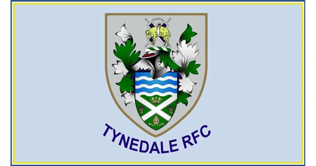 The Tynedale RFC rugby club logo featuring a shield with a helmet, water waves, and floral elements, accompanied by the text "Tynedale RFC" below.