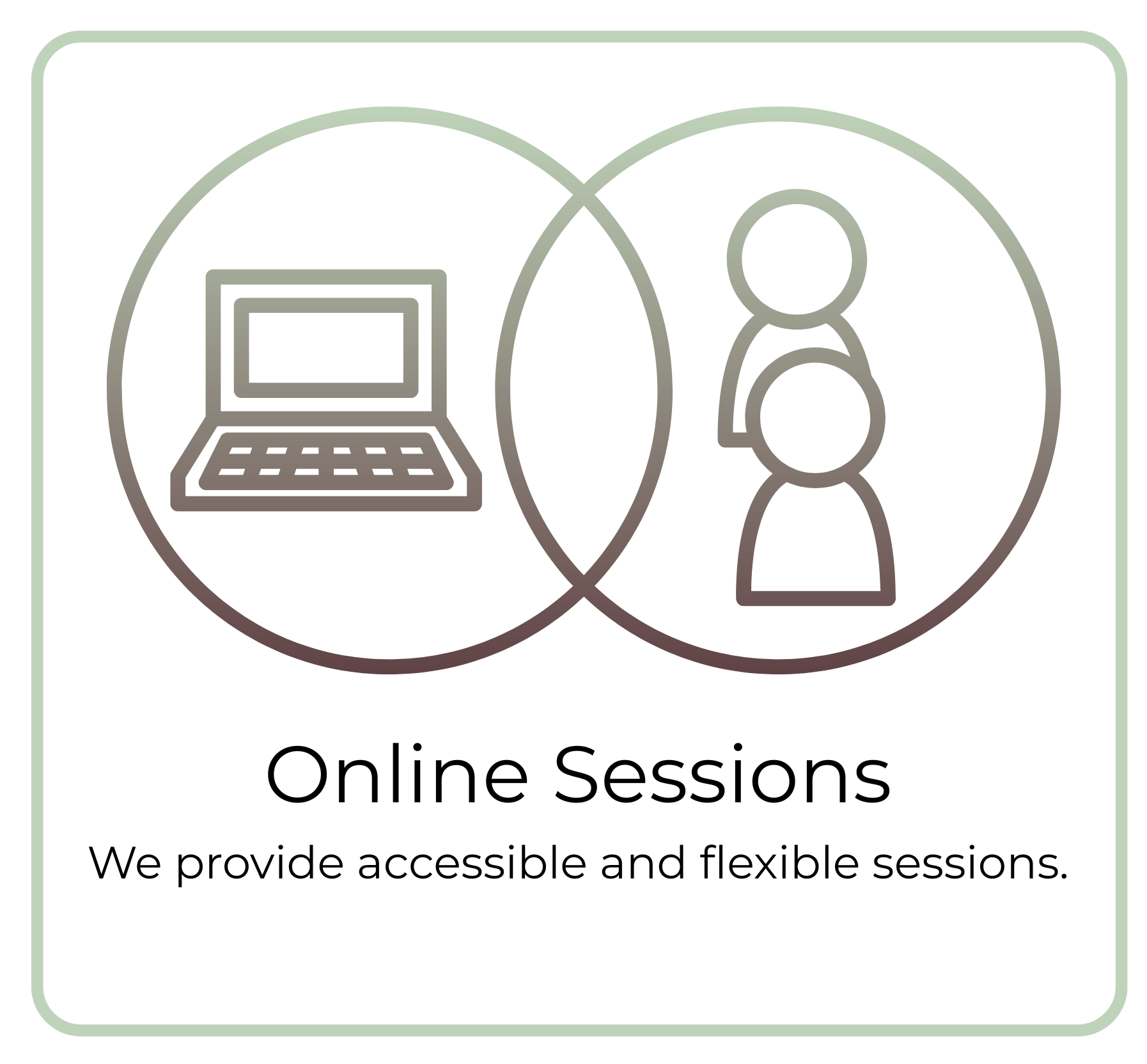 Icon of a laptop computer overlapping with two people, representing accessible online sessions.