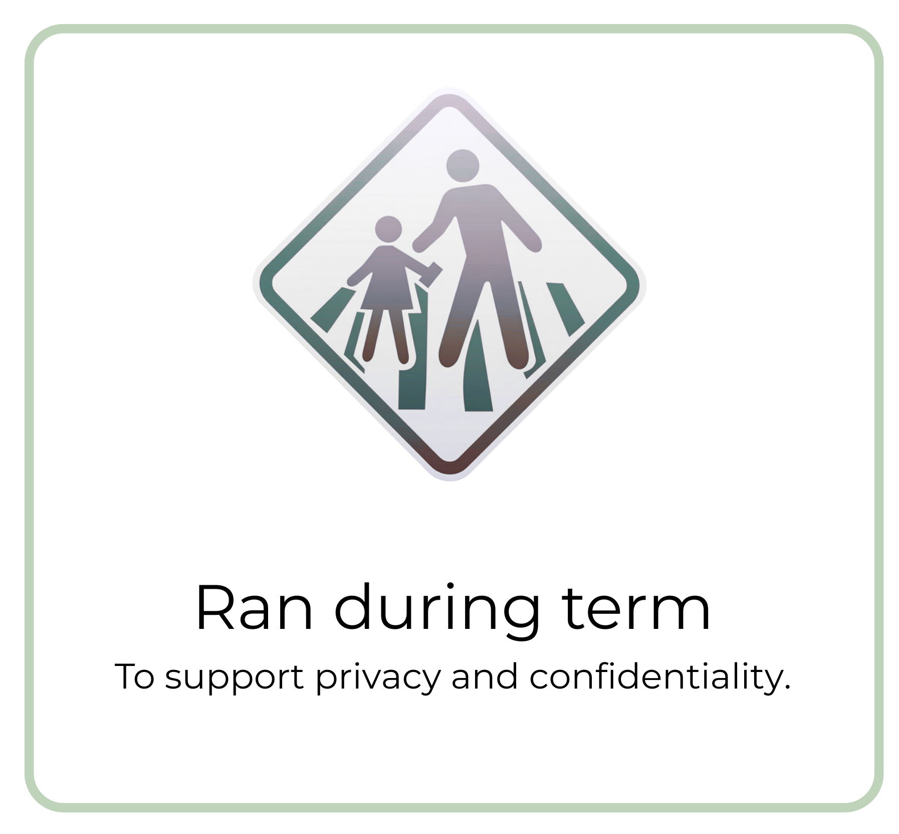 Sign indicating running during school term for privacy and confidentiality.