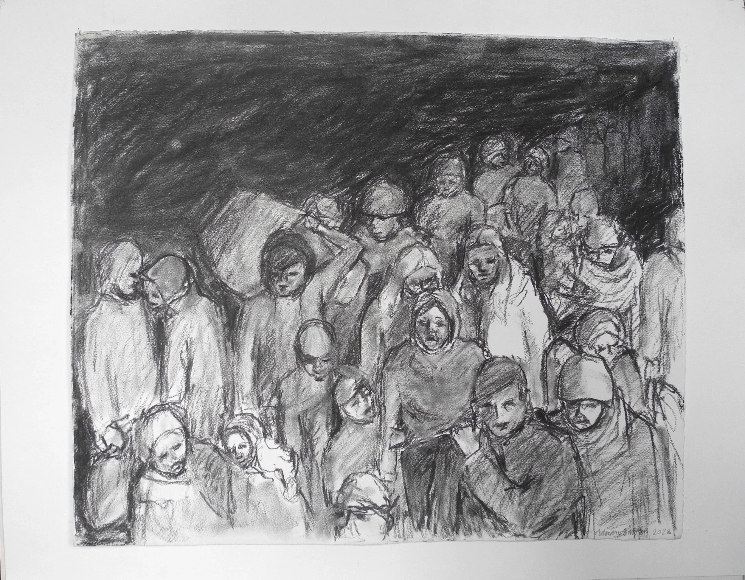 Refugees - 2022 - Charcoal on paper - 52 x 63 cm