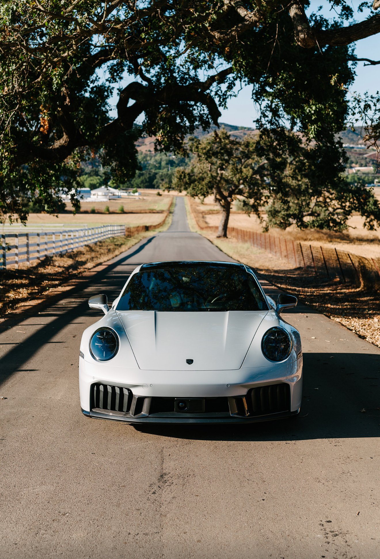 A white sports car is parked on a rural road under a large tree, with open fields and distant hills visible in the background.