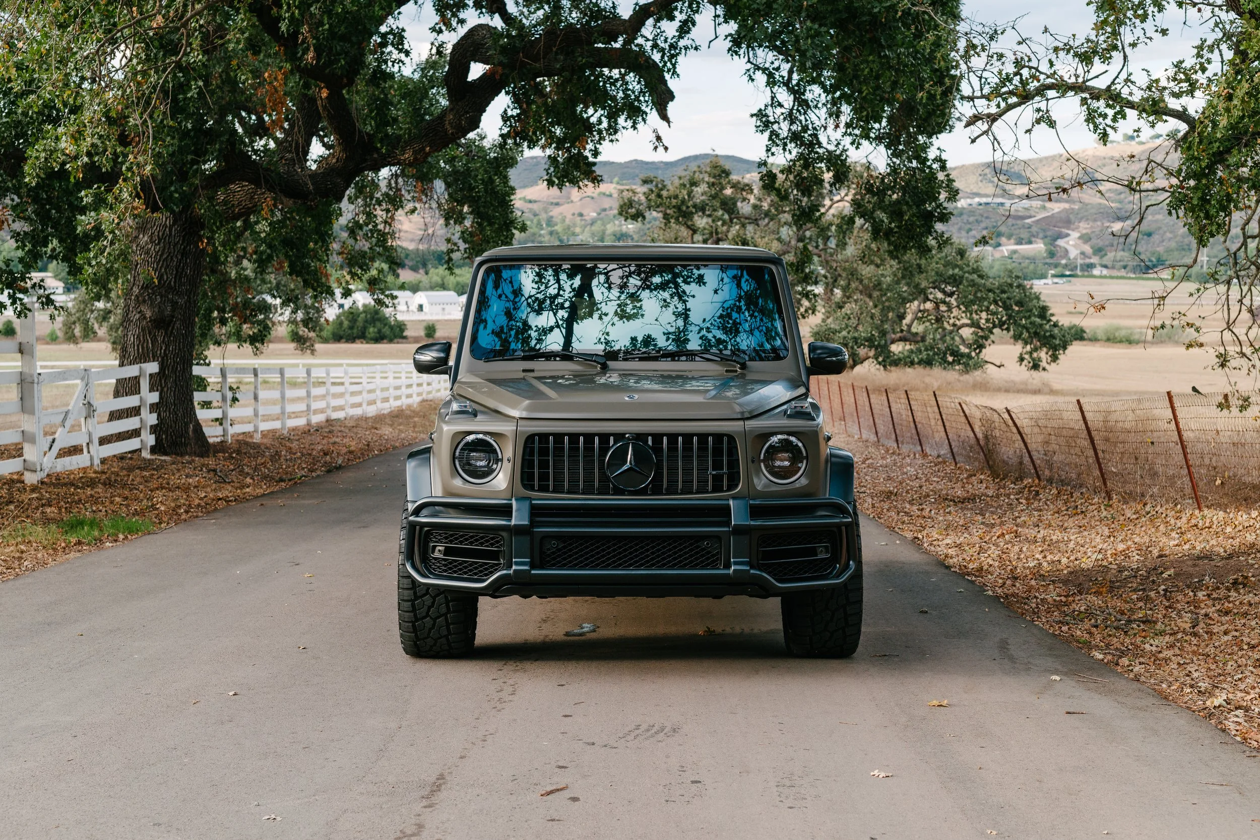 Front view of a beige Mercedes-Benz G-Class SUV parked on a rural road with trees and farmland in the background.