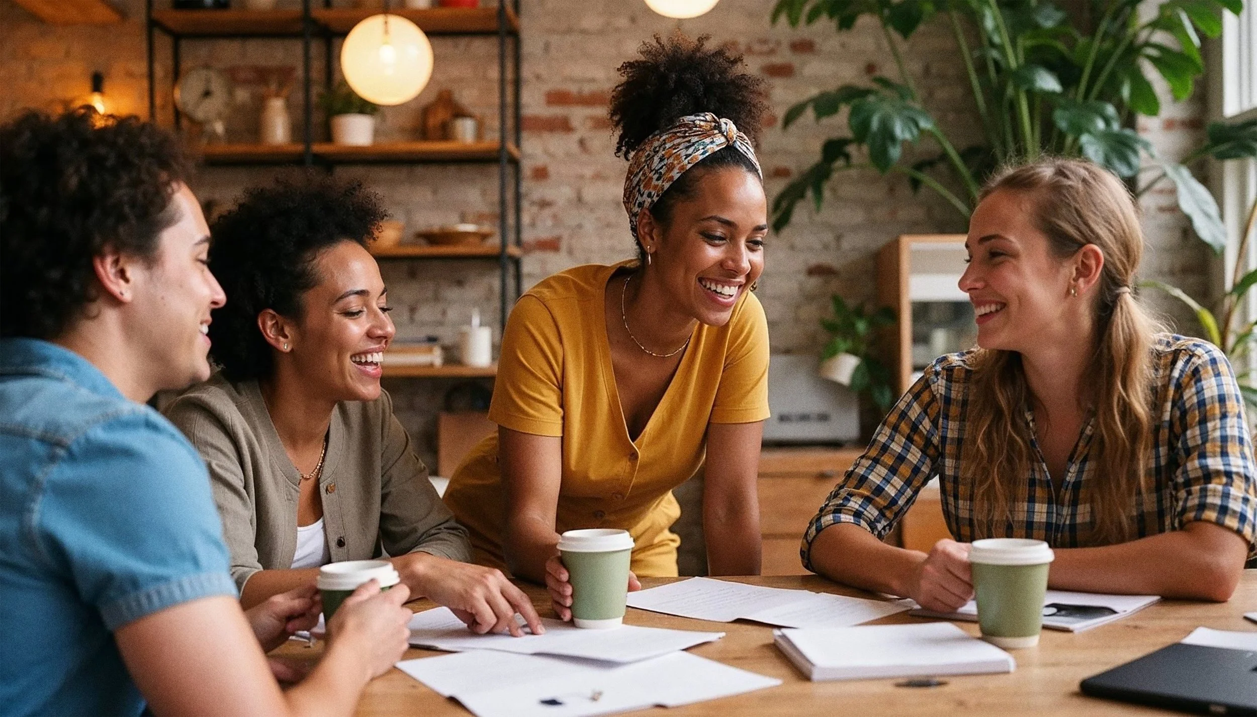 Group of diverse women having a meeting and smiling in a cozy office with plants and shelves.