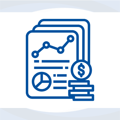 Icon of business development spreadsheets, with blue swirls.