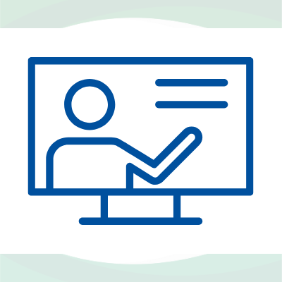 Icon of a person teaching a class onscreen, framed by green swirls.