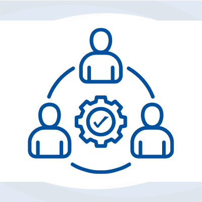 Icon of three workers with a gear and checkmark in the middle, framed by blue swirls.