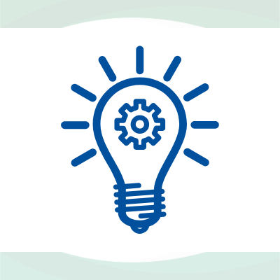 Lightbulb with a gear in the middle, framed by green swirls.