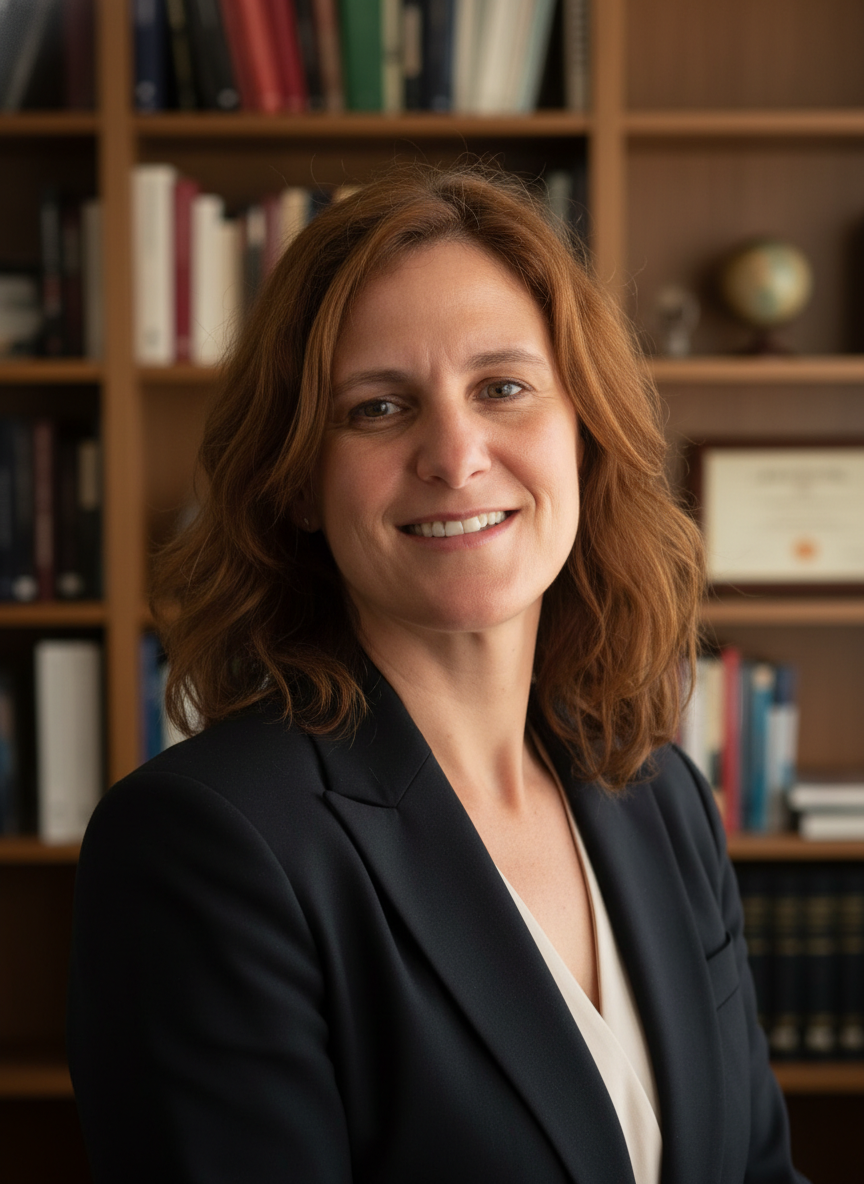 Πορτρέτο της ιατρού Αλεξάνδρας Νικοπούλου σε επαγγελματικό χώρο, με φόντο βιβλιοθήκη.