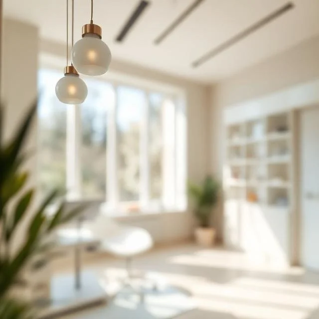 Φωτεινός, μοντέρνος χώρος αναμονής με μεγάλα παράθυρα και κρεμαστά φωτιστικά.