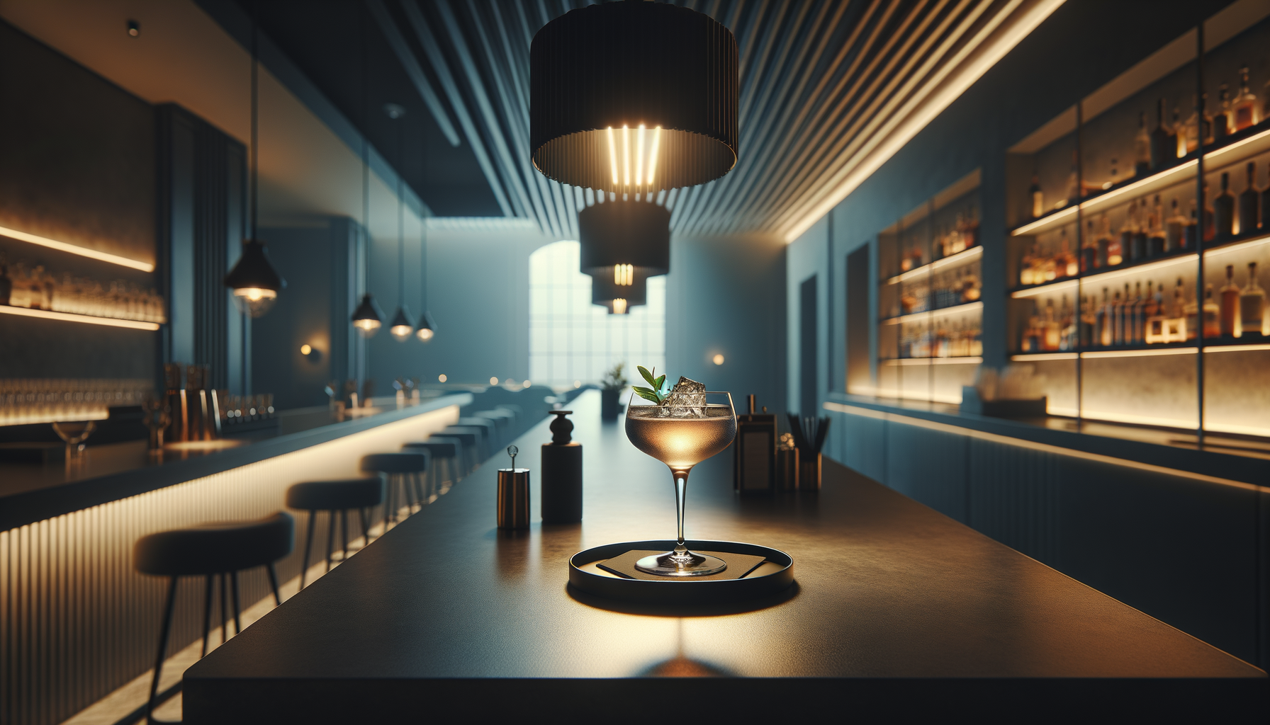 A modern bar with a cocktail on the counter, illuminated by pendant lights, with shelves of liquor bottles on the wall.