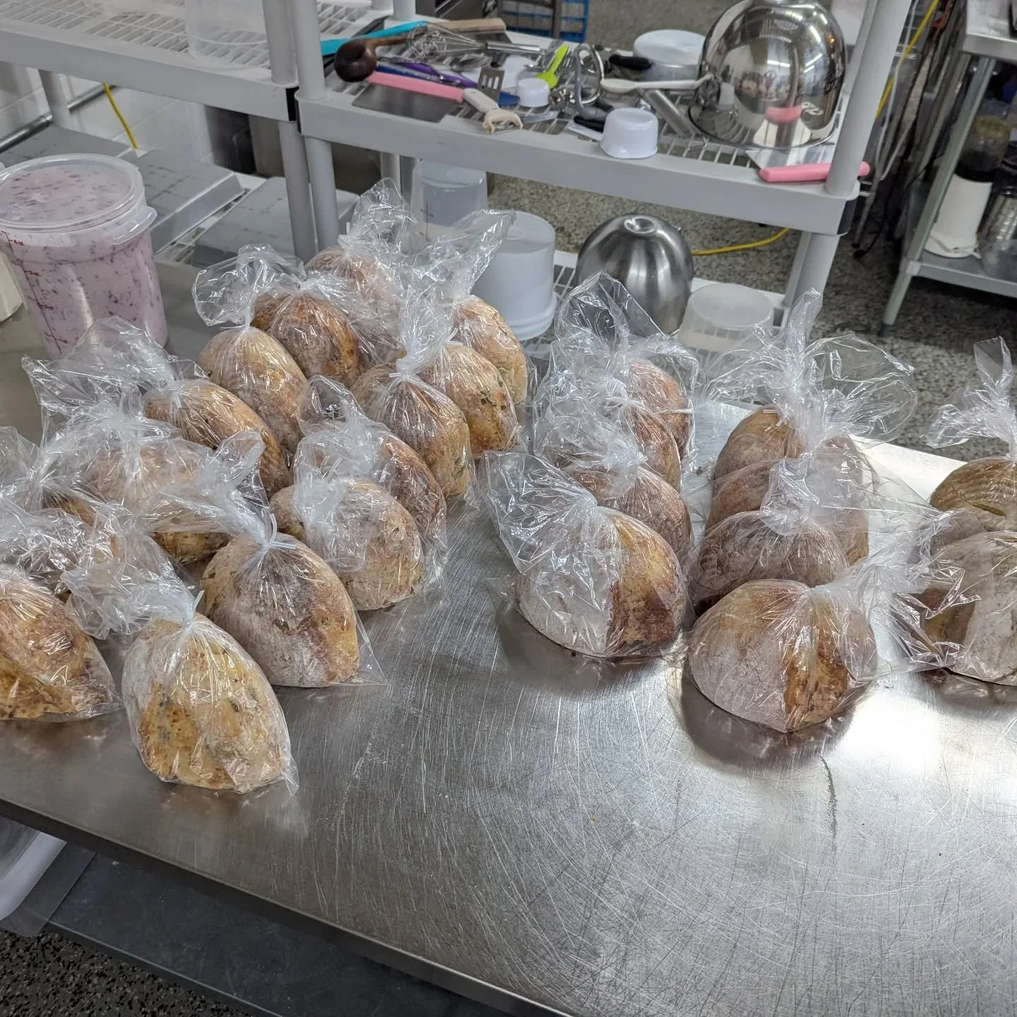 Aubrey baked through the night to restock for Day 2.
We ran out of most of our bread yesterday. This is what she pulled together by this morning.

If you were thinking about coming today &mdash; come early. Hilbert's, 10-4.