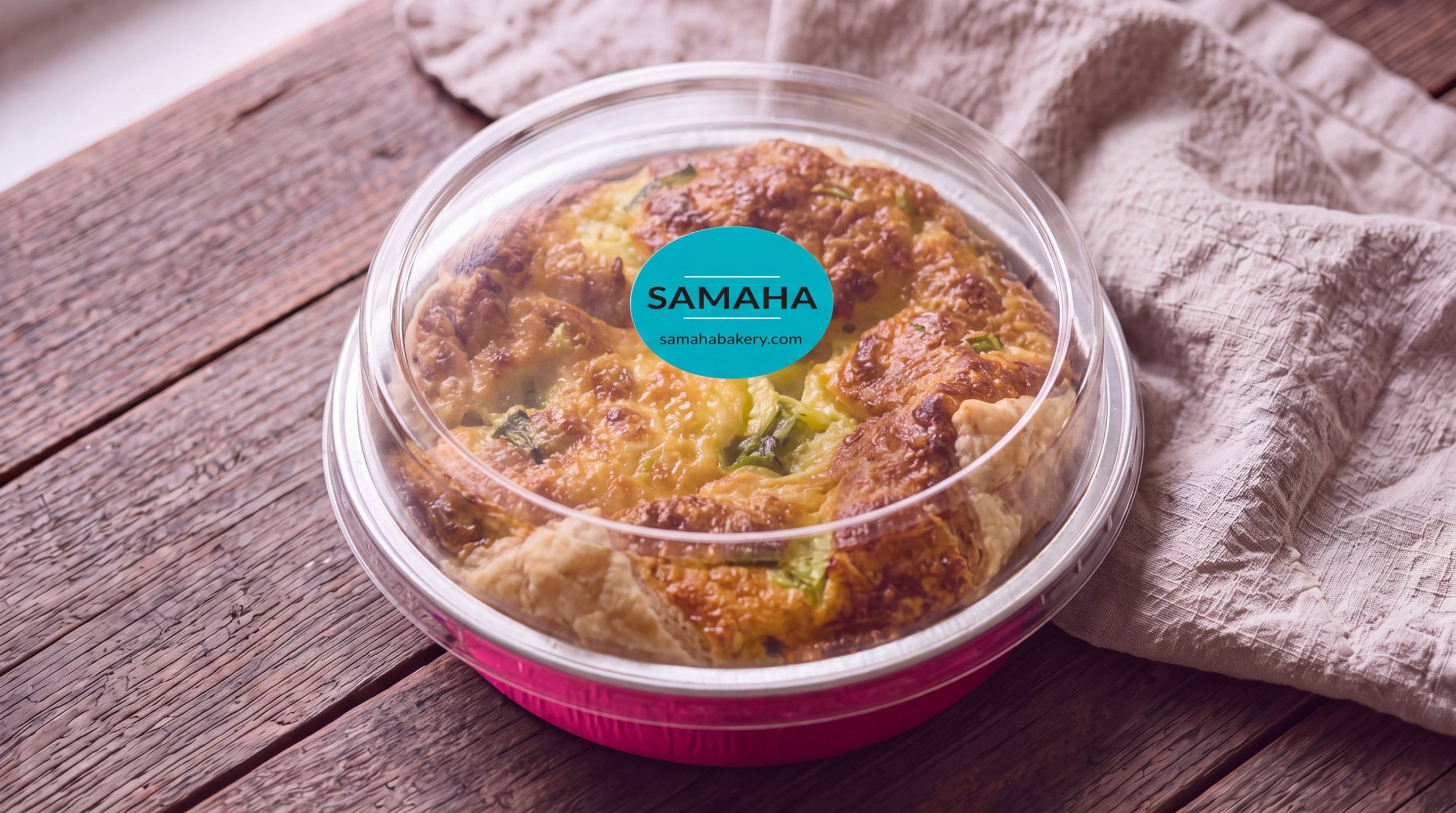 Parmesan asparagus personal quiche in a pink tin with a clear lid and SAMAHA sticker