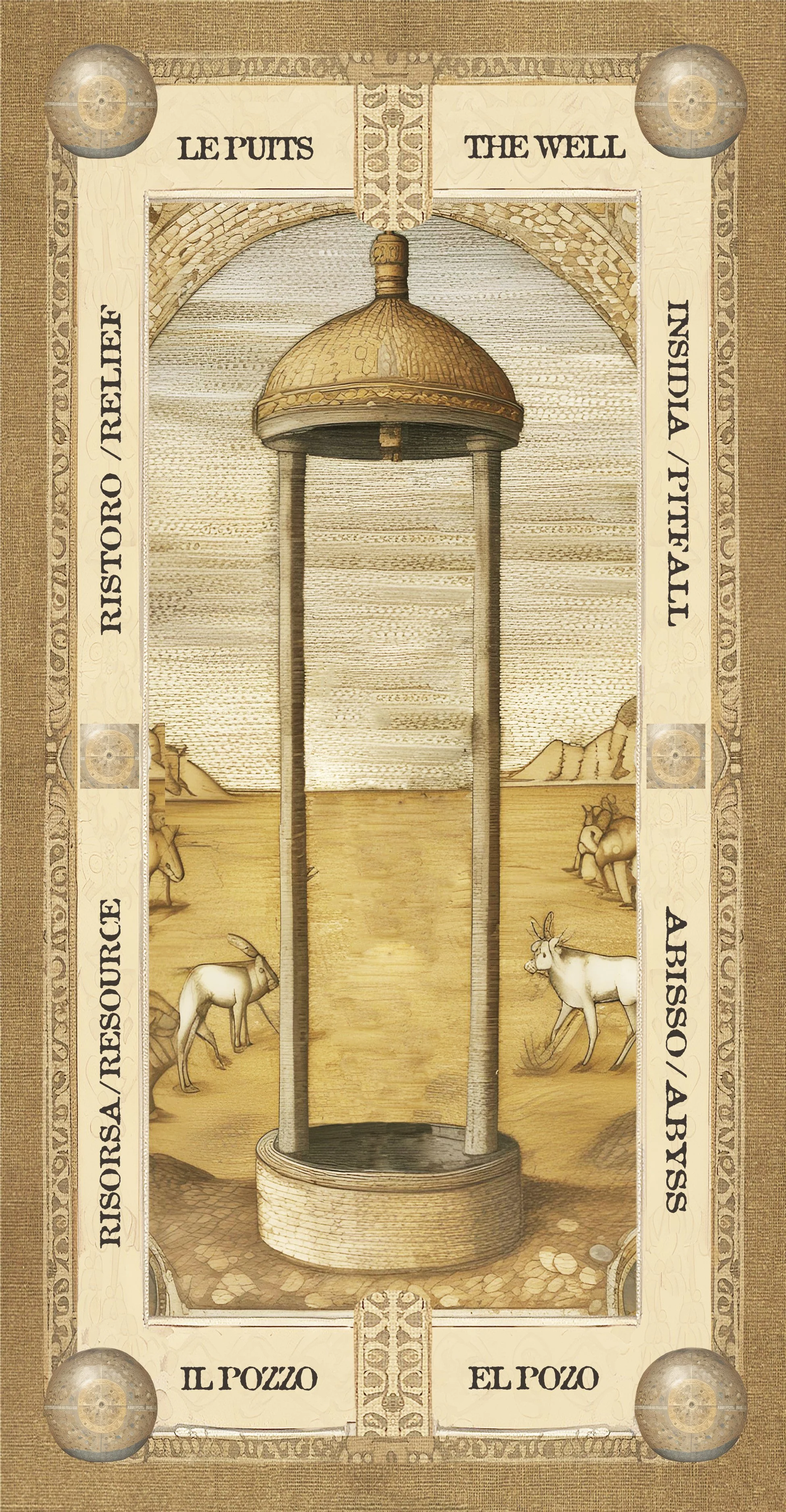 Tarot card con illustrazione di un pozzo centrale, con due colonne e un tetto, ambientazione desertica con animali e montagne sullo sfondo. Circondata da testi in italiano e inglese: "LE PUIT" e "THE WELL", e altre diciture come "RISORSA / RESOURCE" e "IL POZZO / THE WELL".