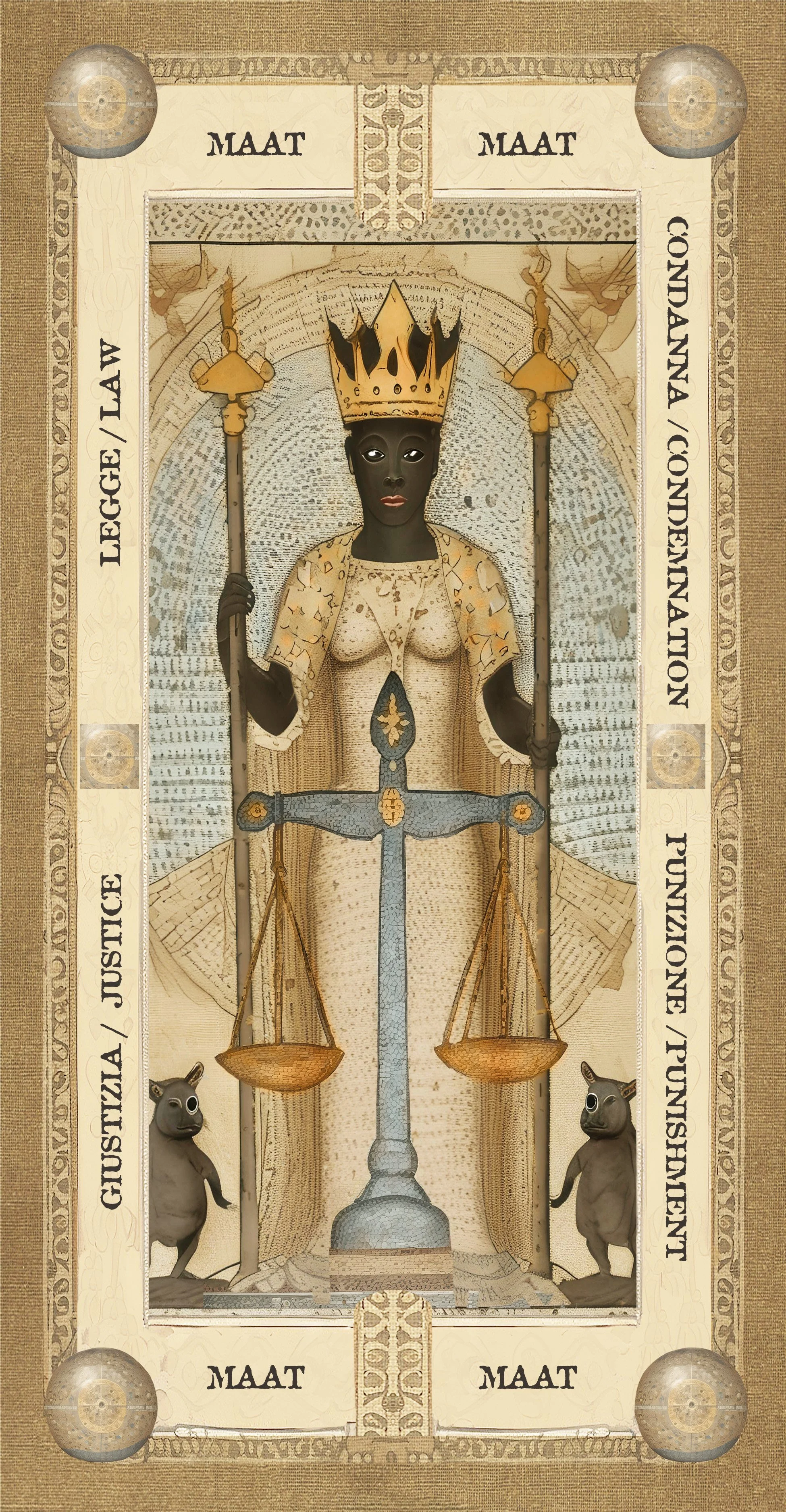 Carta de juego con ilustración de una figura femenina con corona, sosteniendo balanzas y una espada, con dos animales en la parte inferior, fondo con escritura antigua y decoraciones.